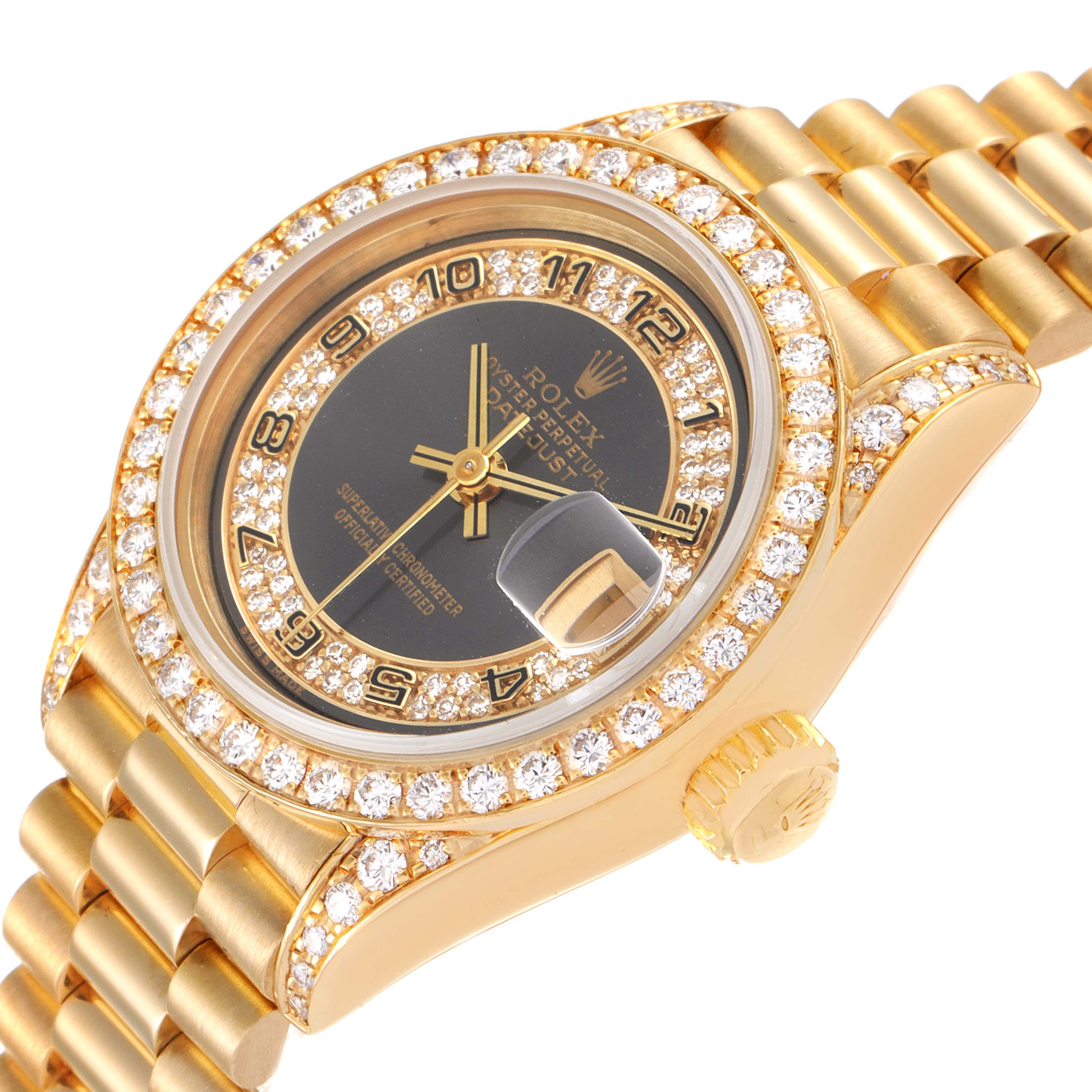 The image shows a close-up angle of the Rolex President 69158 Women's Yellow Gold Grey Dial 69158 Women's Yellow Gold Grey Dial model watch, highlighting its diamond-studded bezel, dial, and bracelet.
