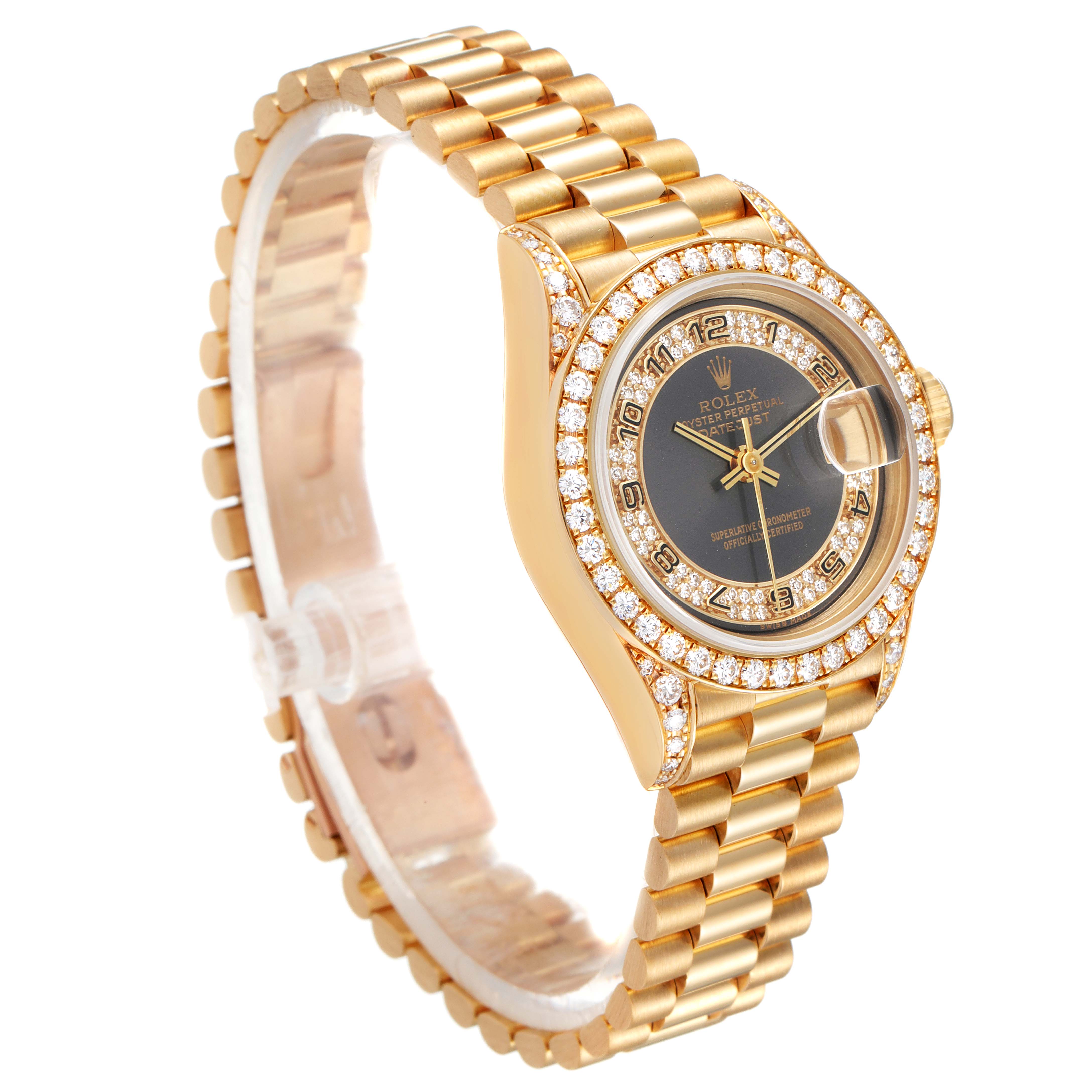 The image shows a Rolex President 69158 Women's Yellow Gold Grey Dial 69158 Women's Yellow Gold Grey Dial model watch at an oblique angle highlighting its face, bezel, and bracelet.