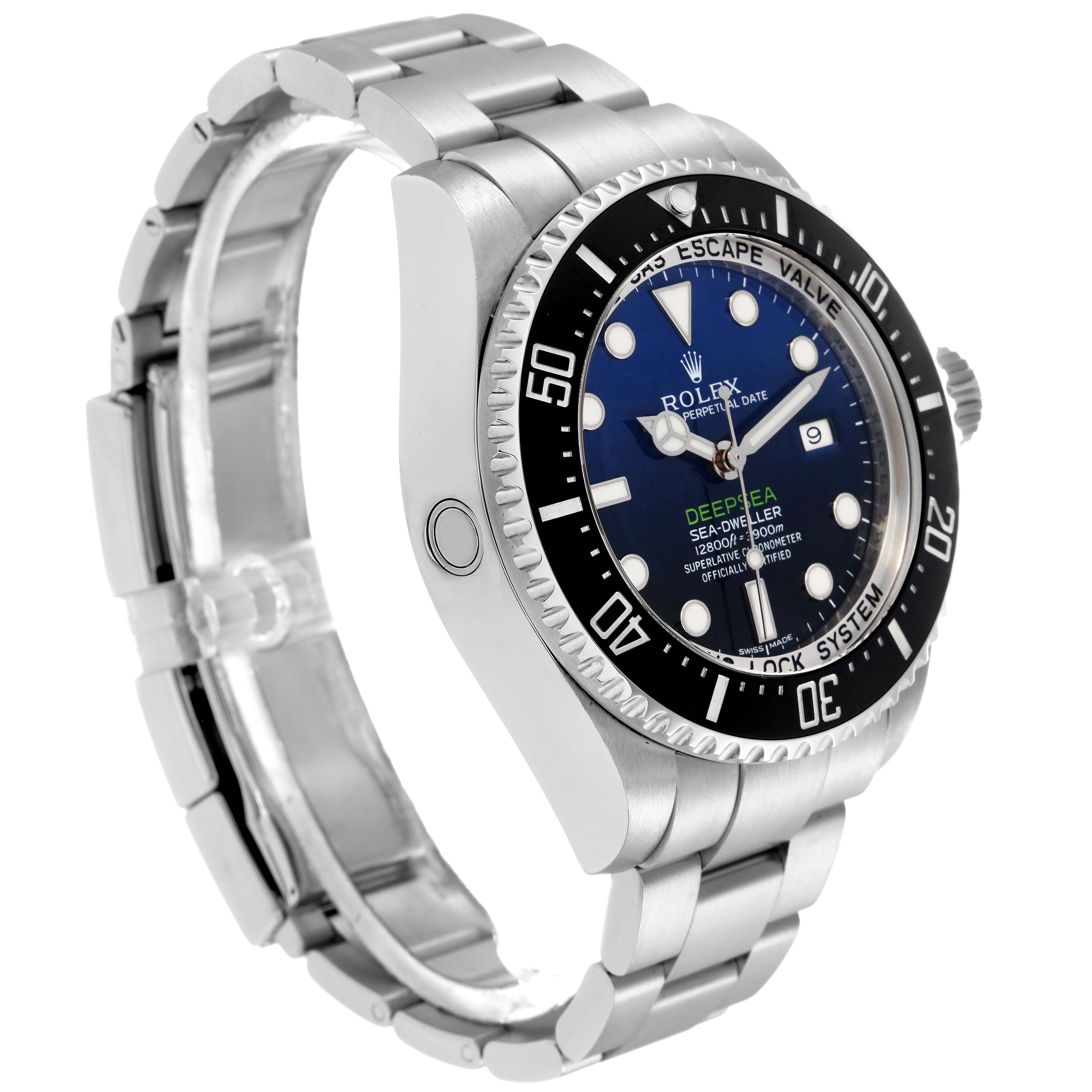 The Rolex Sea-Dweller 116660 Men
s Stainless Steel Blue Dial 116660 Men
s Stainless Steel Blue Dial watch is shown at an angled side view, displaying its face, bezel, bracelet, and crown.