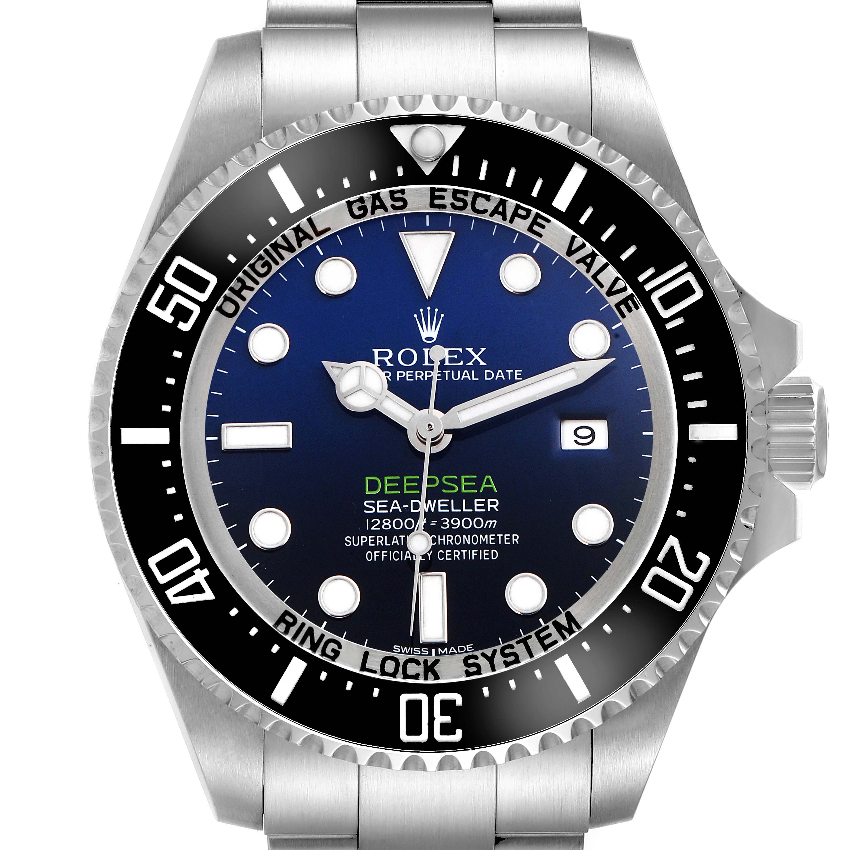 The Rolex Sea-Dweller 116660 Men
s Stainless Steel Blue Dial 116660 Men
s Stainless Steel Blue Dial is shown from a front angle, displaying the face, bezel, and part of the bracelet.