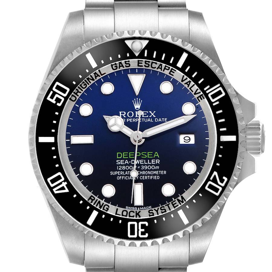 The Rolex Sea-Dweller is shown from a front angle, displaying the face, bezel, and part of the bracelet.