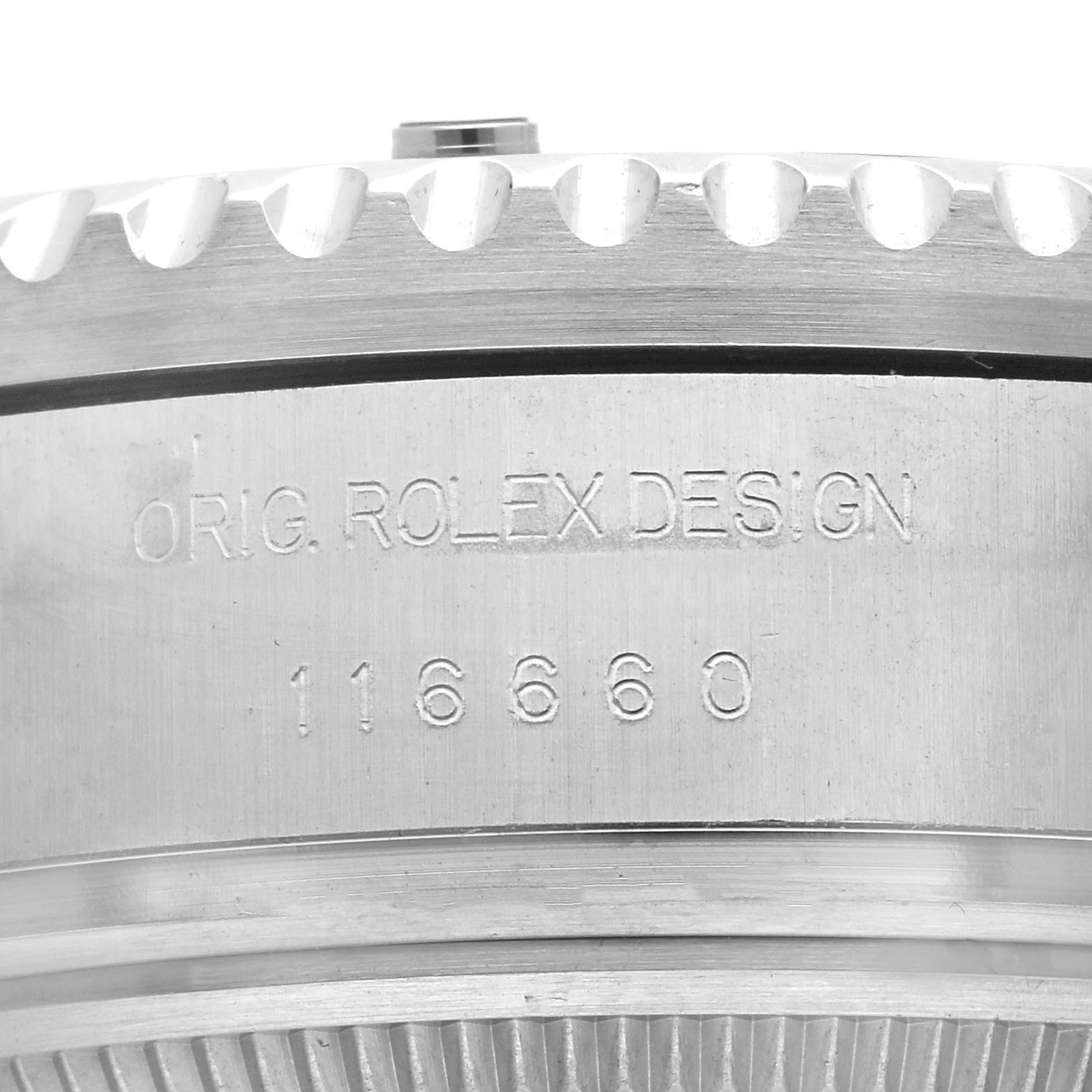 The image shows a close-up of the side of a Rolex Sea-Dweller 116660 Men
s Stainless Steel Blue Dial 116660 Men
s Stainless Steel Blue Dial, highlighting its engraved details.