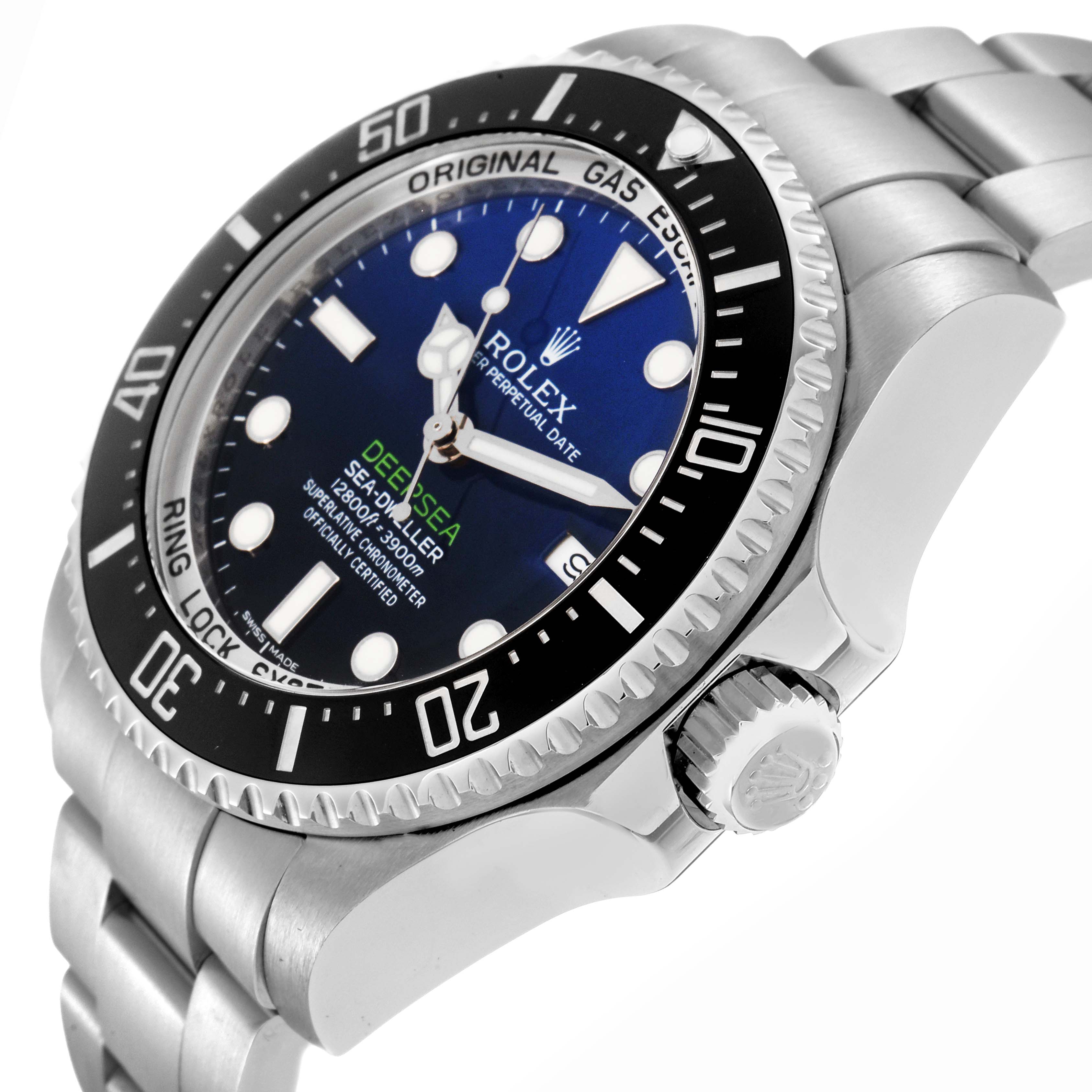 The Rolex Sea-Dweller 116660 Men
s Stainless Steel Blue Dial 116660 Men
s Stainless Steel Blue Dial watch is shown from a side angle highlighting the bezel, crown, and part of the bracelet.
