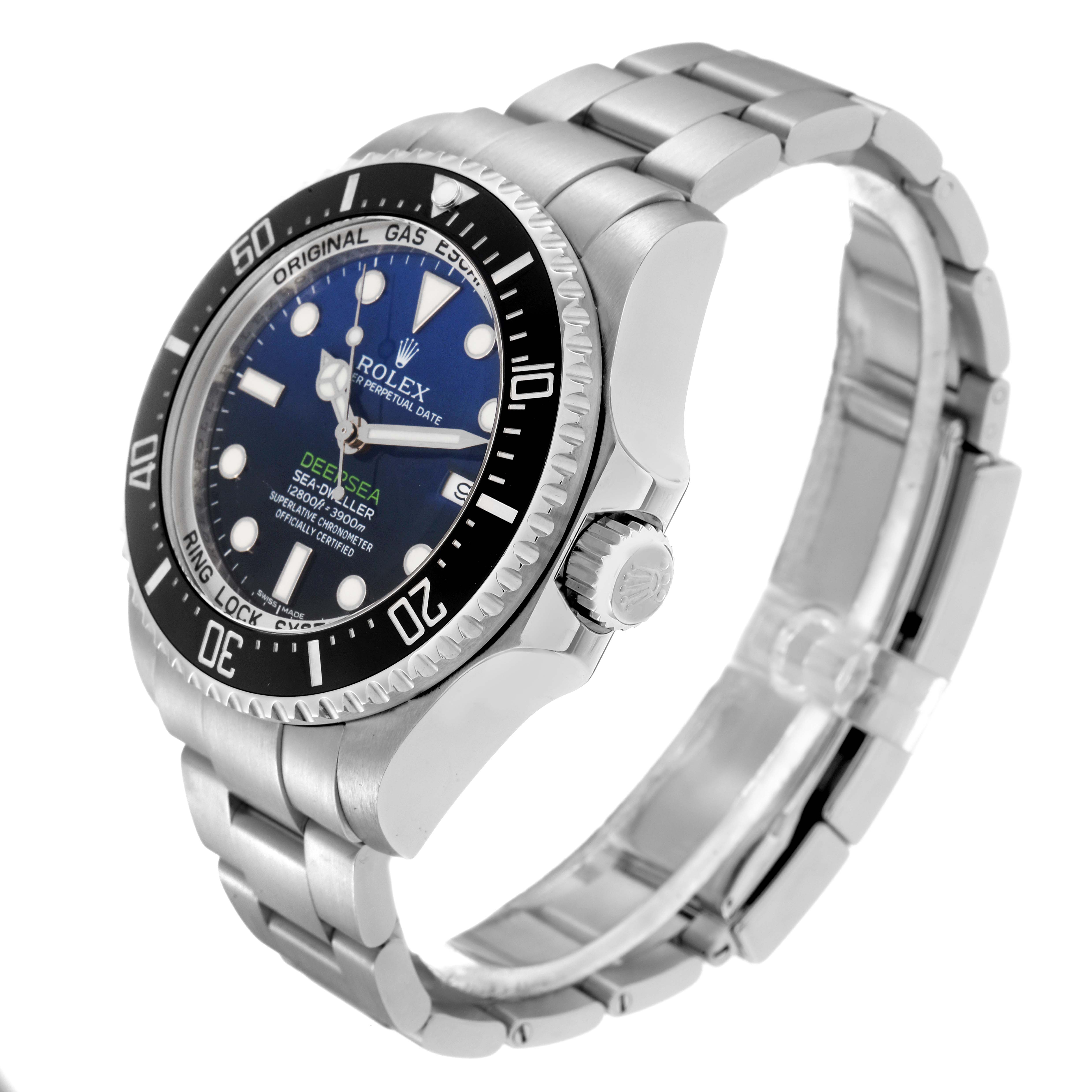 The Rolex Sea-Dweller 116660 Men
s Stainless Steel Blue Dial 116660 Men
s Stainless Steel Blue Dial watch is shown at a three-quarter angle, highlighting the face, bezel, and stainless steel bracelet.