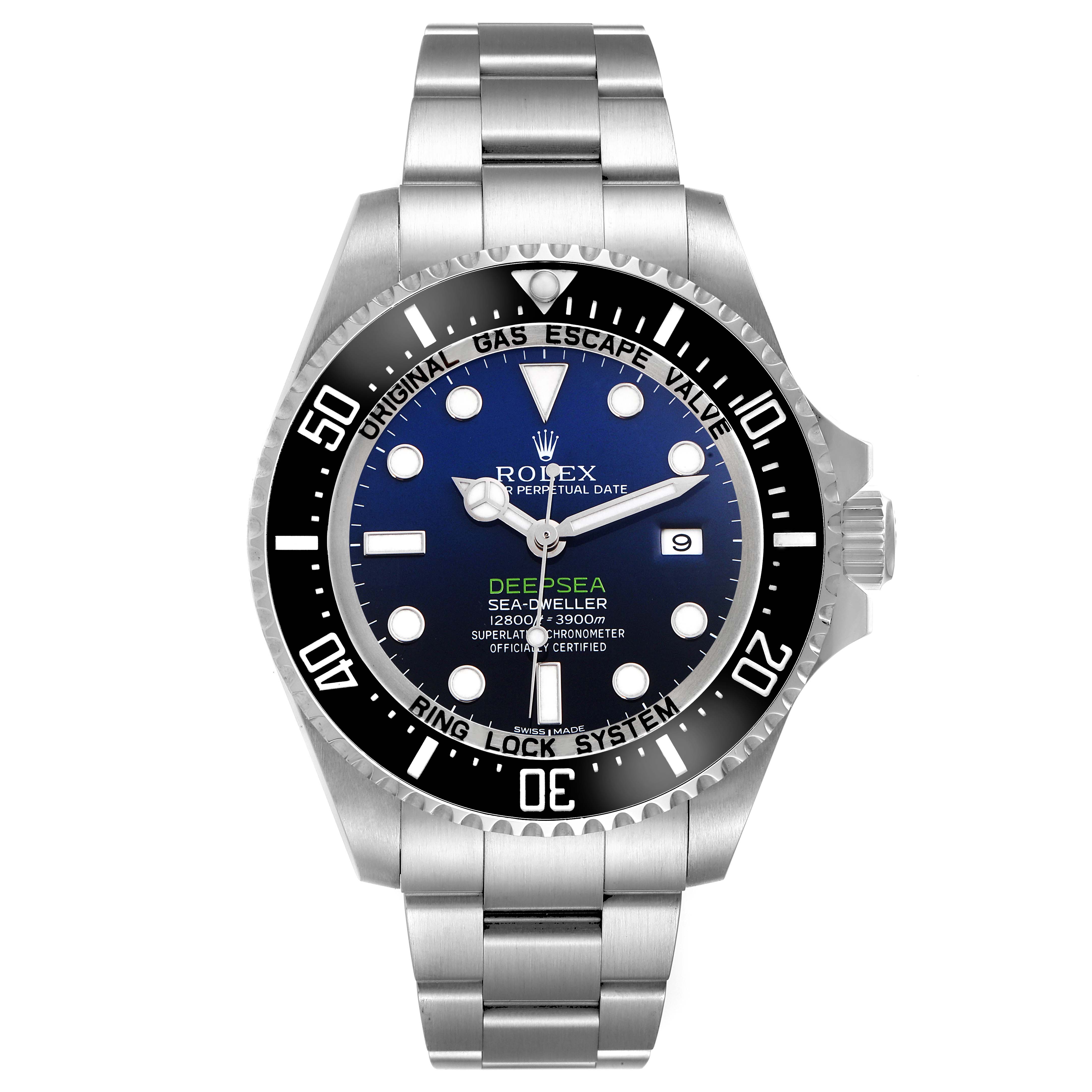The Rolex Sea-Dweller 116660 Men
s Stainless Steel Blue Dial 116660 Men
s Stainless Steel Blue Dial watch is shown from a front angle, displaying the dial, bezel, and bracelet.