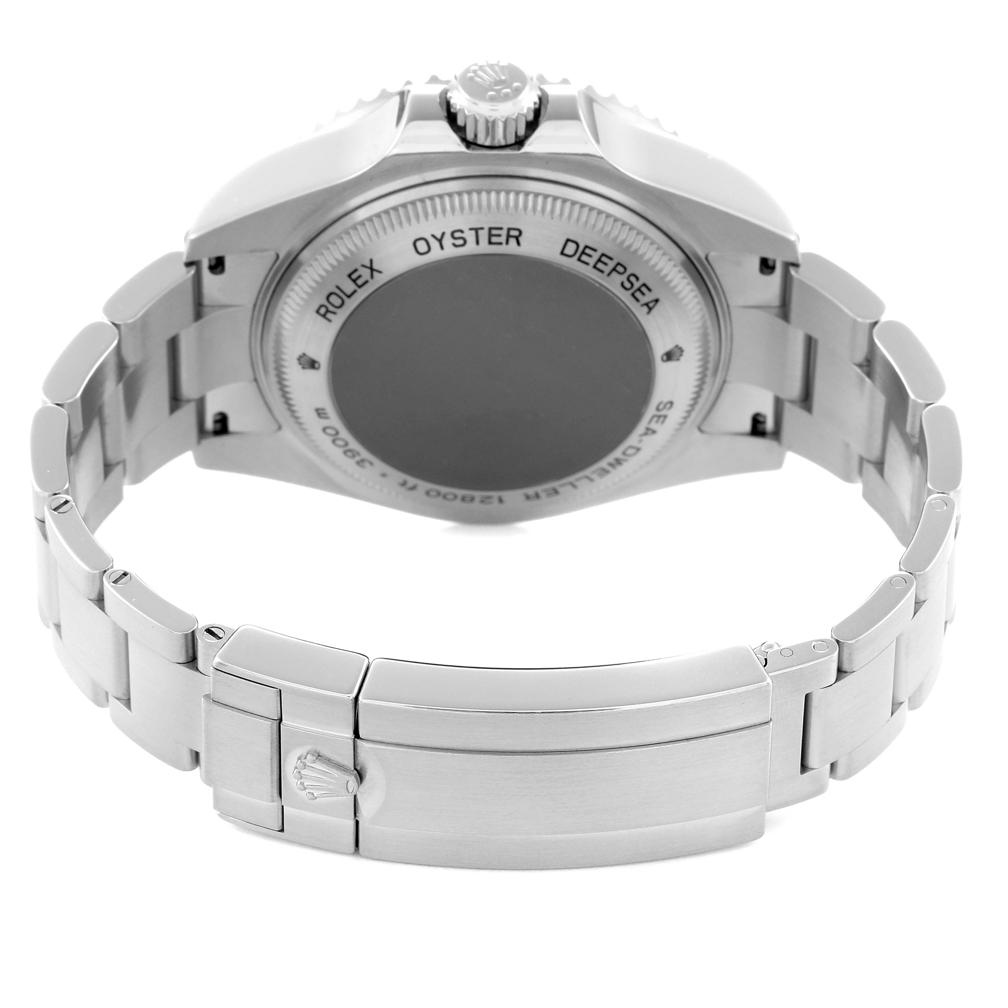 The Rolex Sea-Dweller 116660 Men
s Stainless Steel Blue Dial 116660 Men
s Stainless Steel Blue Dial watch is shown from the back, displaying the case back and metal bracelet.