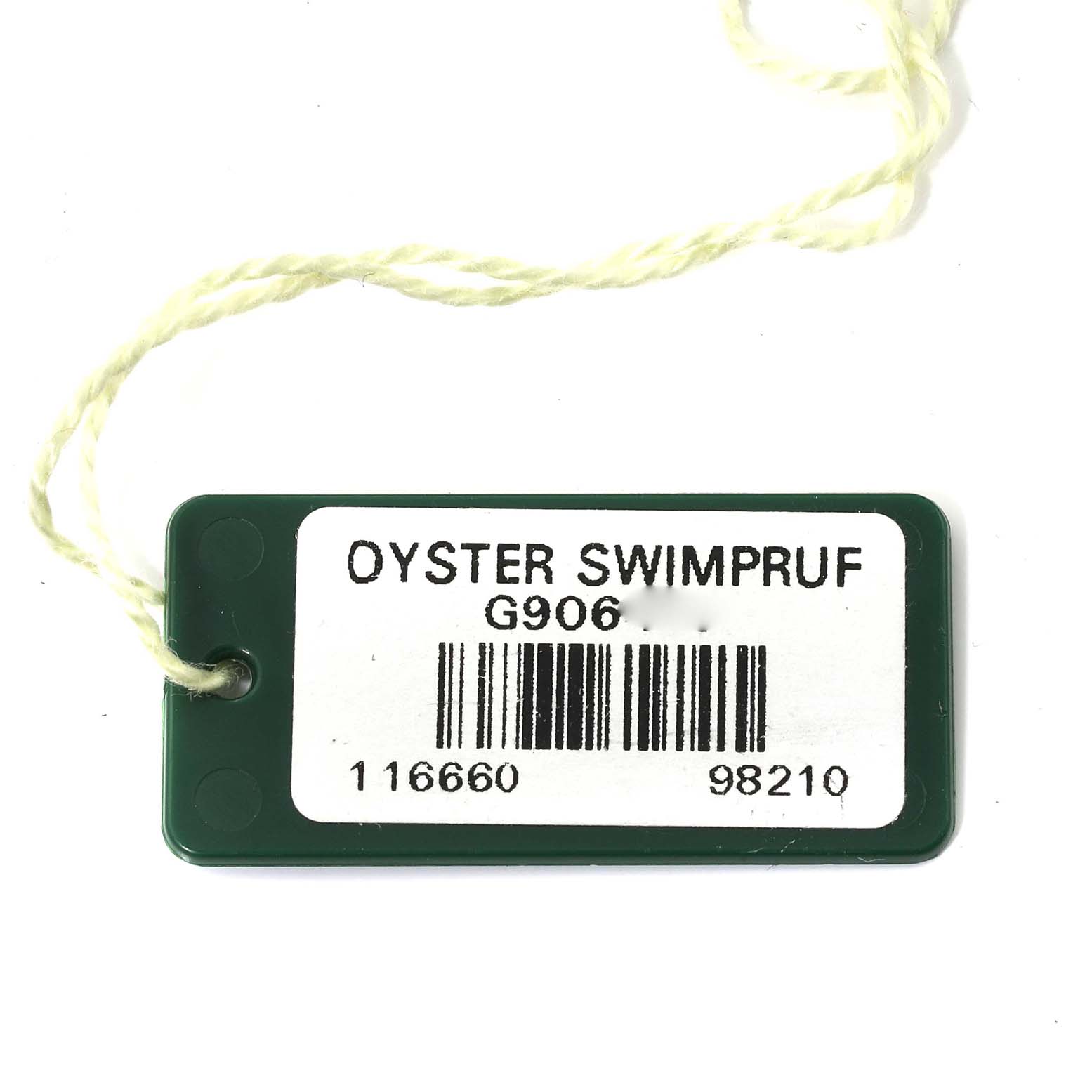 This image shows an Oyster Swimpruf tag with strings for the Rolex Sea-Dweller 116660 Men
s Stainless Steel Black Dial 116660 Men
s Stainless Steel Black Dial model.
