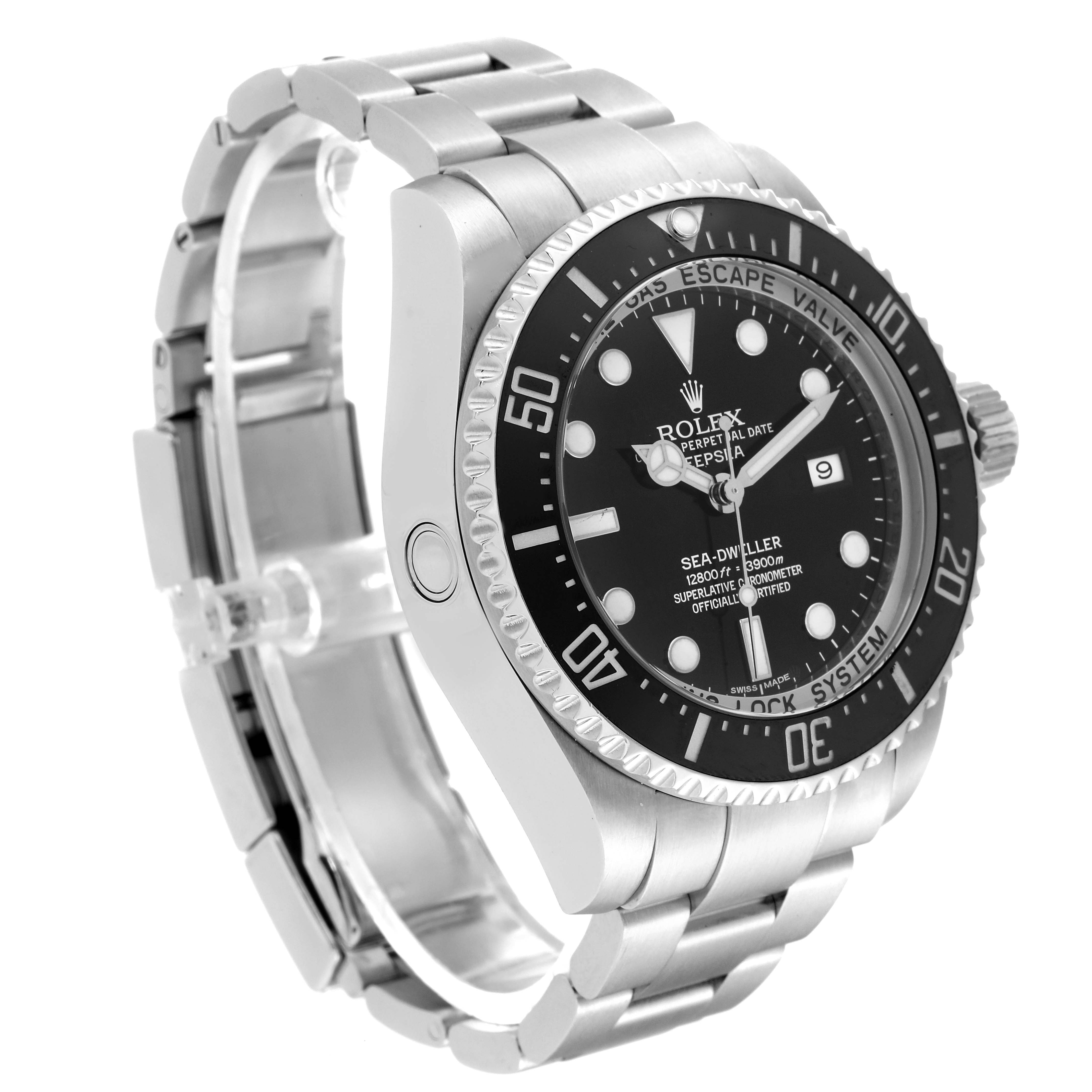 This image shows a side-angle view of a Rolex Sea-Dweller 116660 Men
s Stainless Steel Black Dial 116660 Men
s Stainless Steel Black Dial, displaying the watch face, bezel, and part of the bracelet.