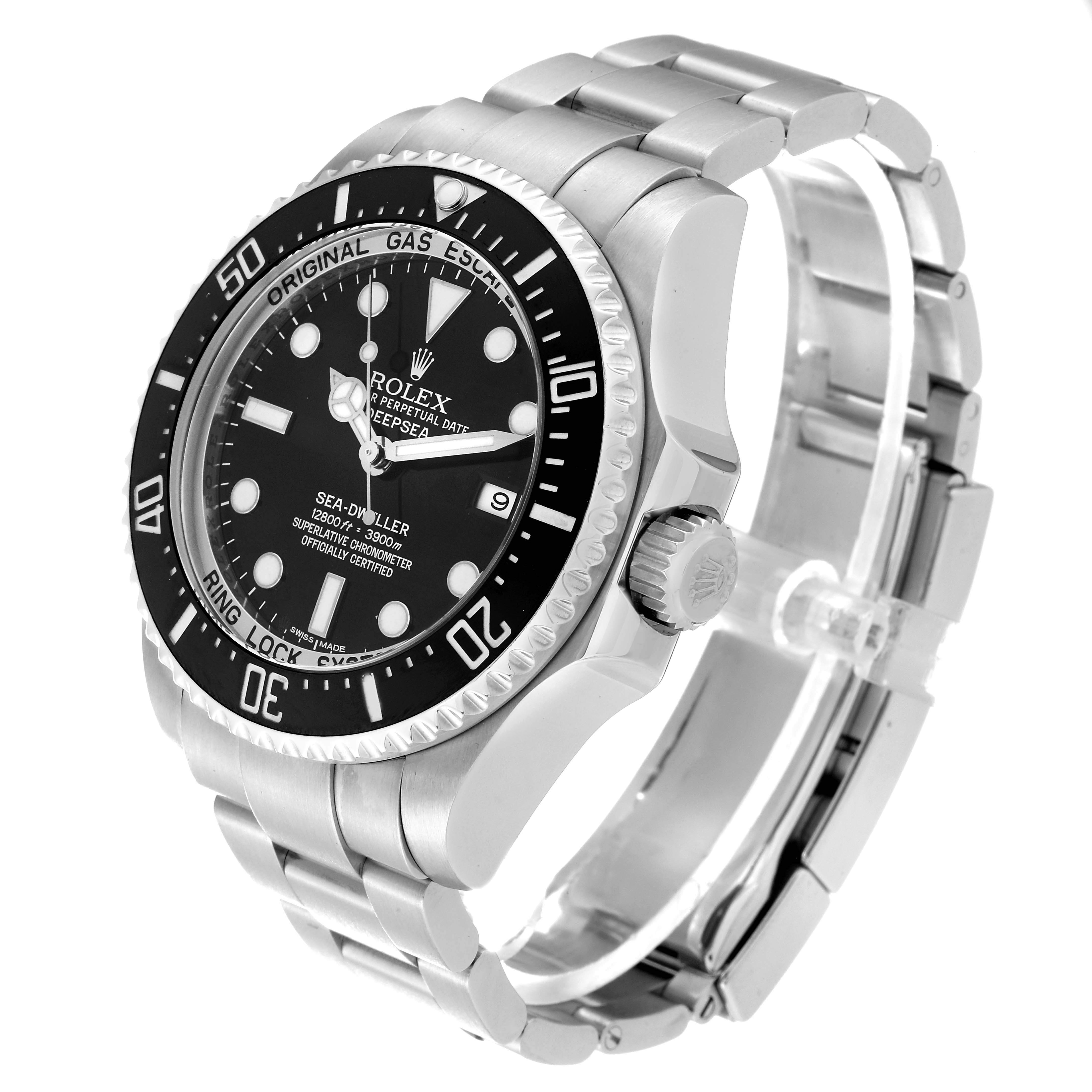 The Rolex Sea-Dweller 116660 Men
s Stainless Steel Black Dial 116660 Men
s Stainless Steel Black Dial watch is shown at a slight angle revealing the dial, bezel, crown, and part of the bracelet.