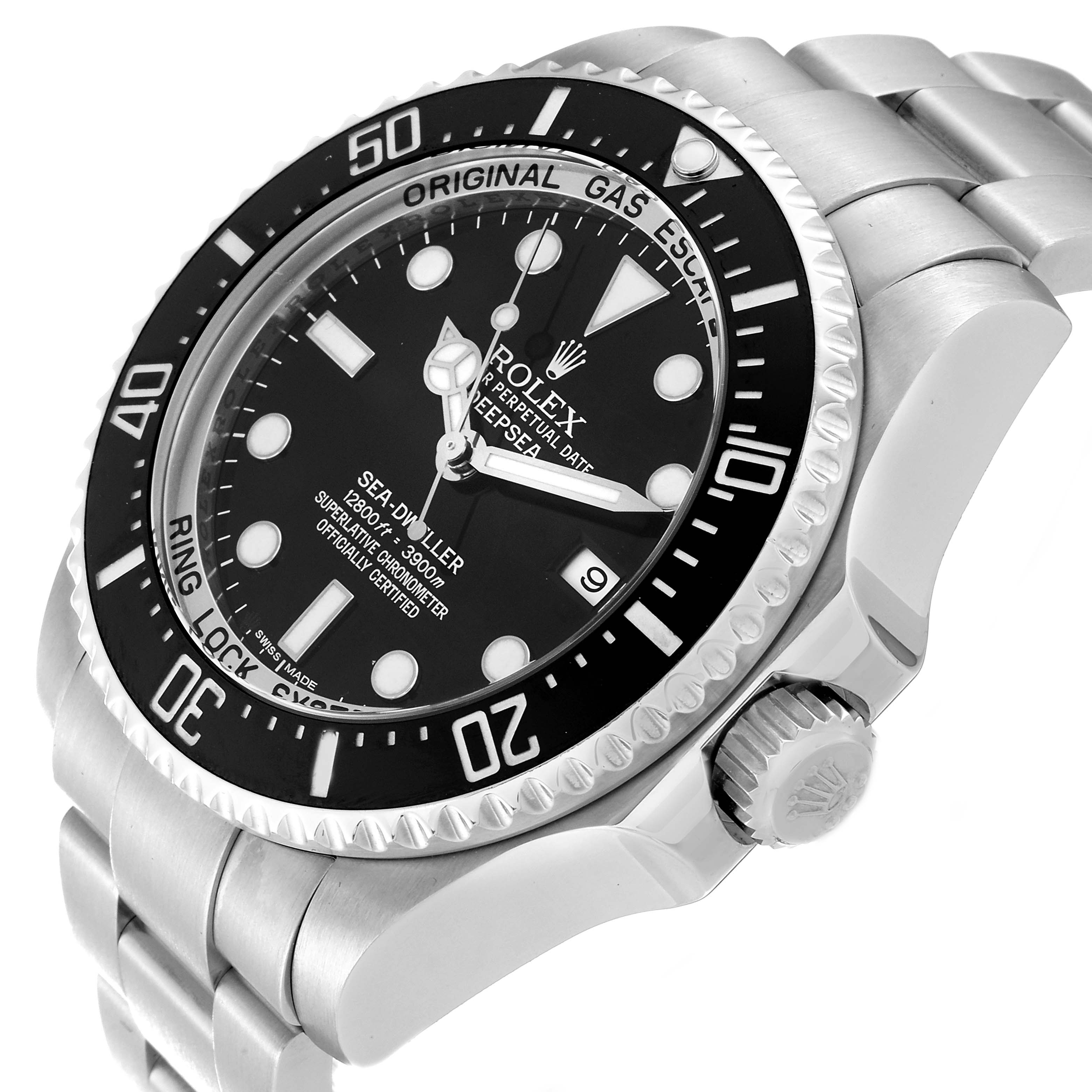 The image shows a Rolex Sea-Dweller 116660 Men
s Stainless Steel Black Dial 116660 Men
s Stainless Steel Black Dial watch at a slight angle, showcasing the bezel, dial, crown, and part of the bracelet.
