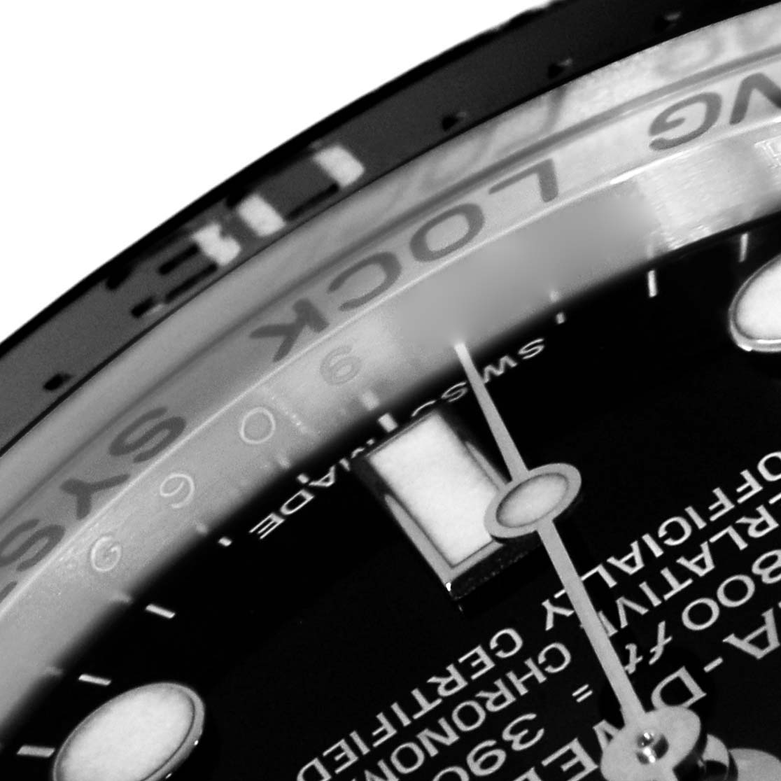 The image shows a close-up angle of the dial, bezel, and part of the text on the Rolex Sea-Dweller 116660 Men
s Stainless Steel Black Dial 116660 Men
s Stainless Steel Black Dial watch.