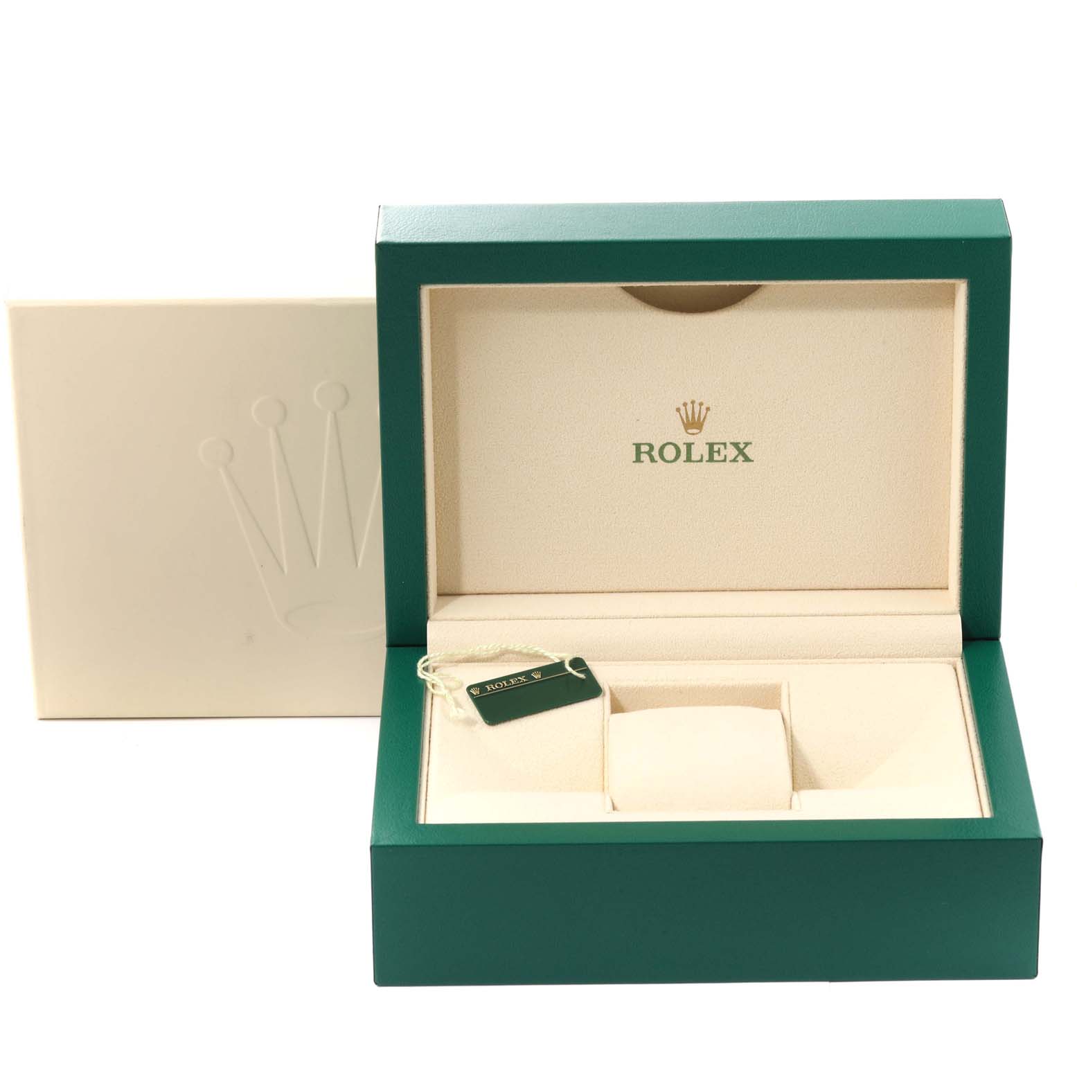 The image shows an open Rolex Sea-Dweller 116660 Men
s Stainless Steel Black Dial 116660 Men
s Stainless Steel Black Dial watch box with its inner compartment and a Rolex tag inside.