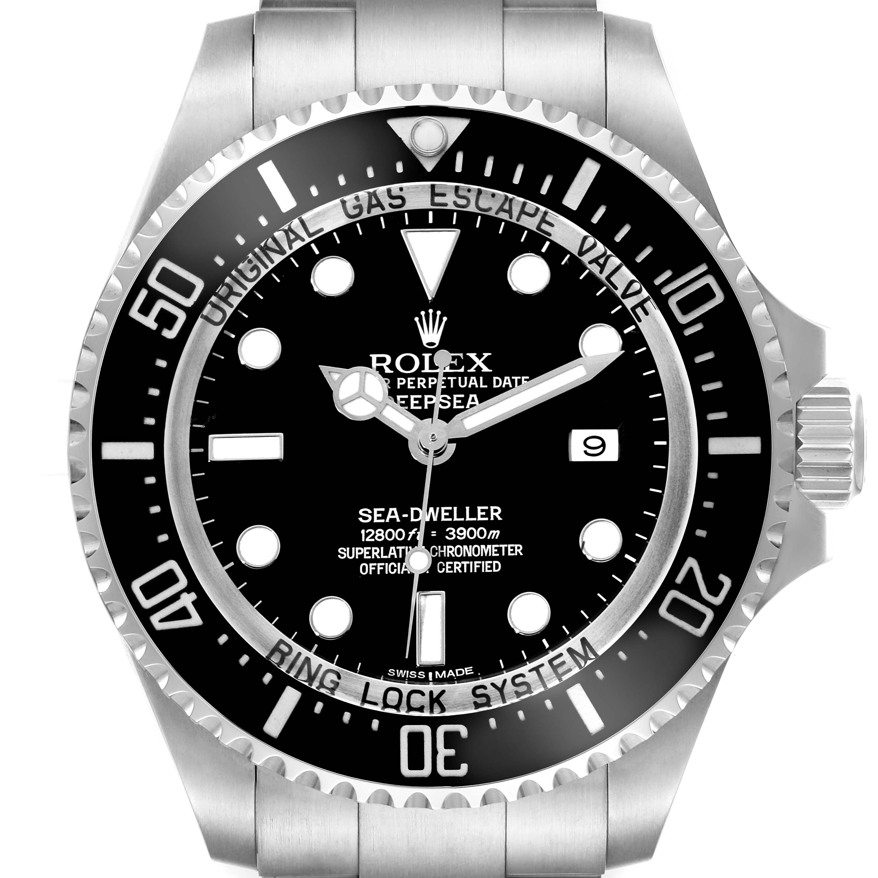 The image shows a front view of a Rolex Sea-Dweller 116660 Men
s Stainless Steel Black Dial 116660 Men
s Stainless Steel Black Dial watch, highlighting the dial, bezel, and part of the bracelet.