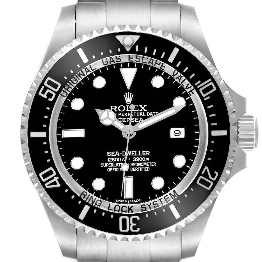 The image shows a front view of a Rolex Sea-Dweller watch, highlighting the dial, bezel, and part of the bracelet.