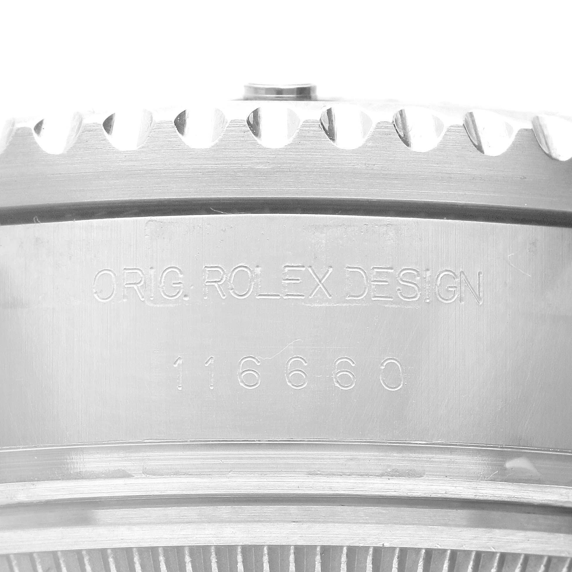 This image shows a close-up of the engraved case back of a Rolex Sea-Dweller 116660 Men
s Stainless Steel Black Dial 116660 Men
s Stainless Steel Black Dial watch, highlighting the model number and the "ORIG. ROLEX DESIGN" text.
