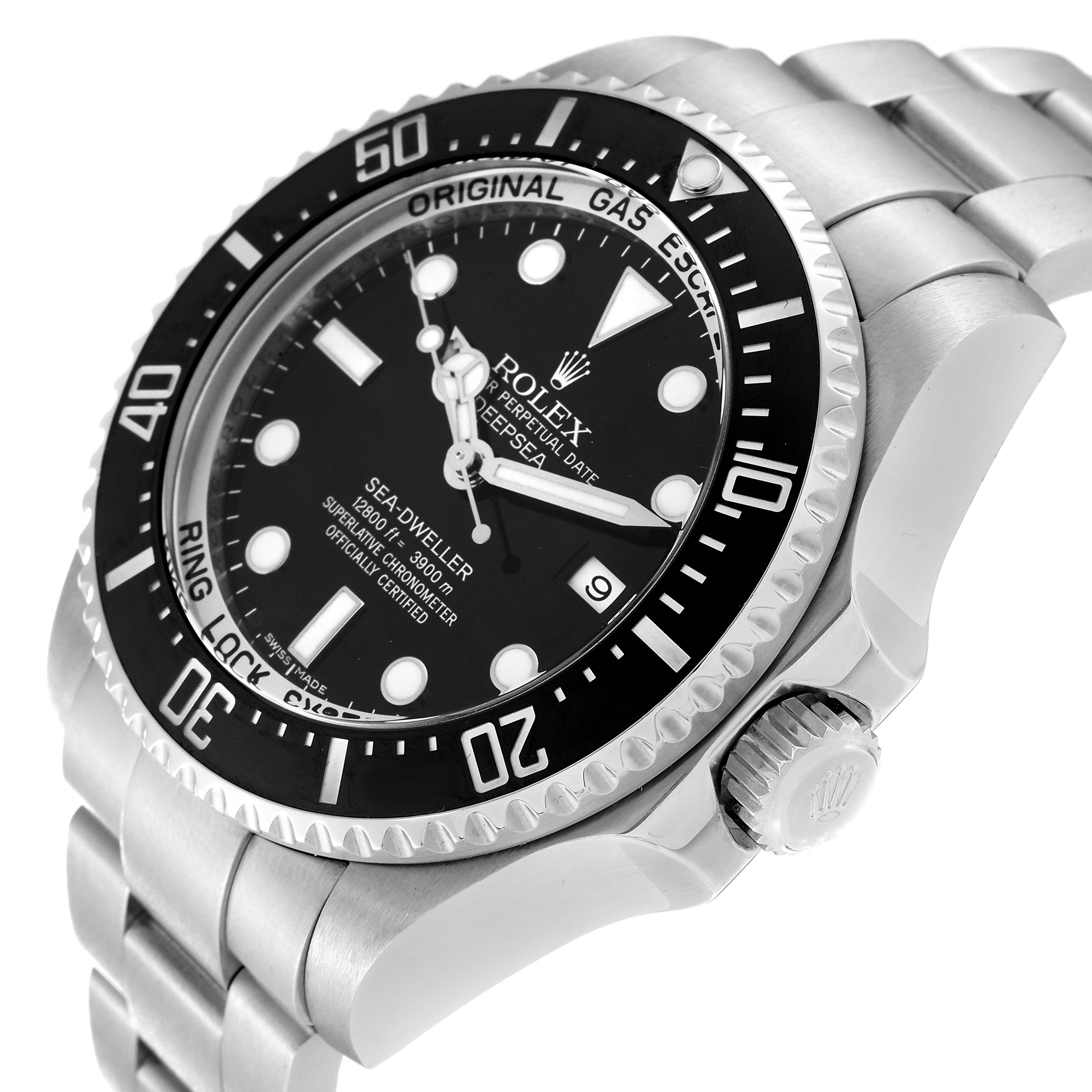 The image shows a close-up angled view of a Rolex Sea-Dweller 116660 Men
s Stainless Steel Black Dial 116660 Men
s Stainless Steel Black Dial watch, highlighting the dial, bezel, crown, and part of the bracelet.