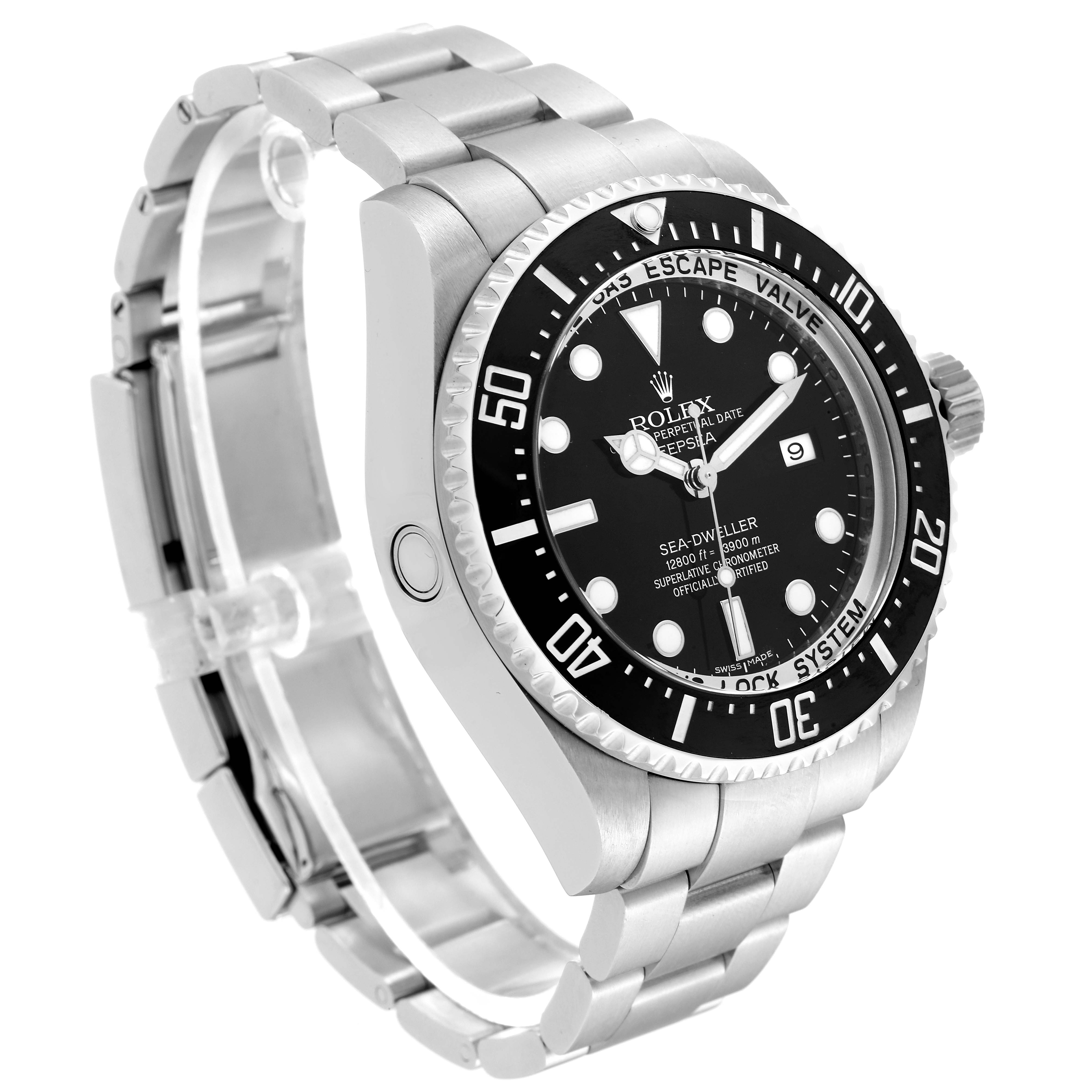 The image shows a side view of the Rolex Sea-Dweller 116660 Men
s Stainless Steel Black Dial 116660 Men
s Stainless Steel Black Dial watch, detailing the bezel, dial, and bracelet.