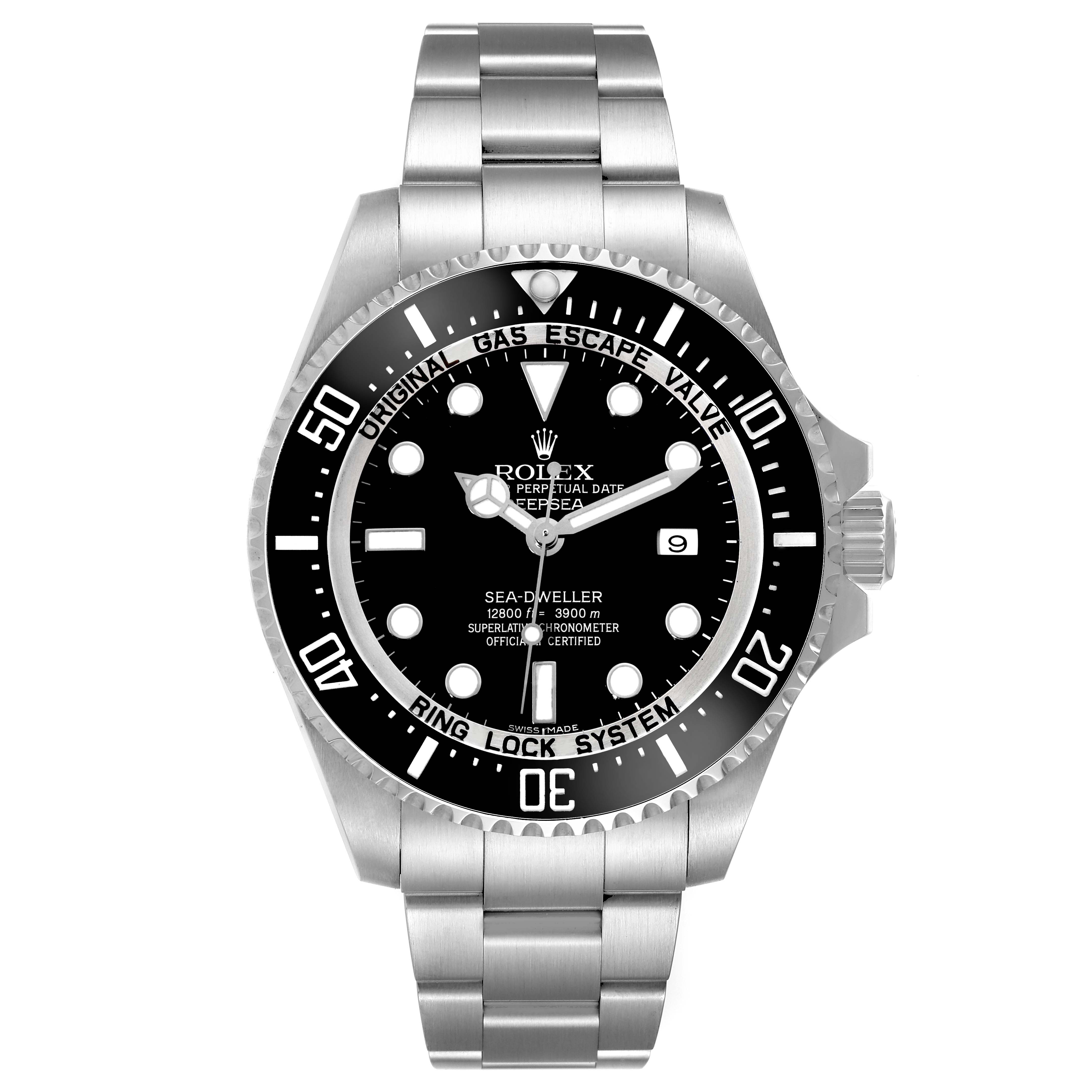 The image shows a frontal view of the Rolex Sea-Dweller 116660 Men
s Stainless Steel Black Dial 116660 Men
s Stainless Steel Black Dial watch, displaying the dial, bezel, bracelet, and crown.