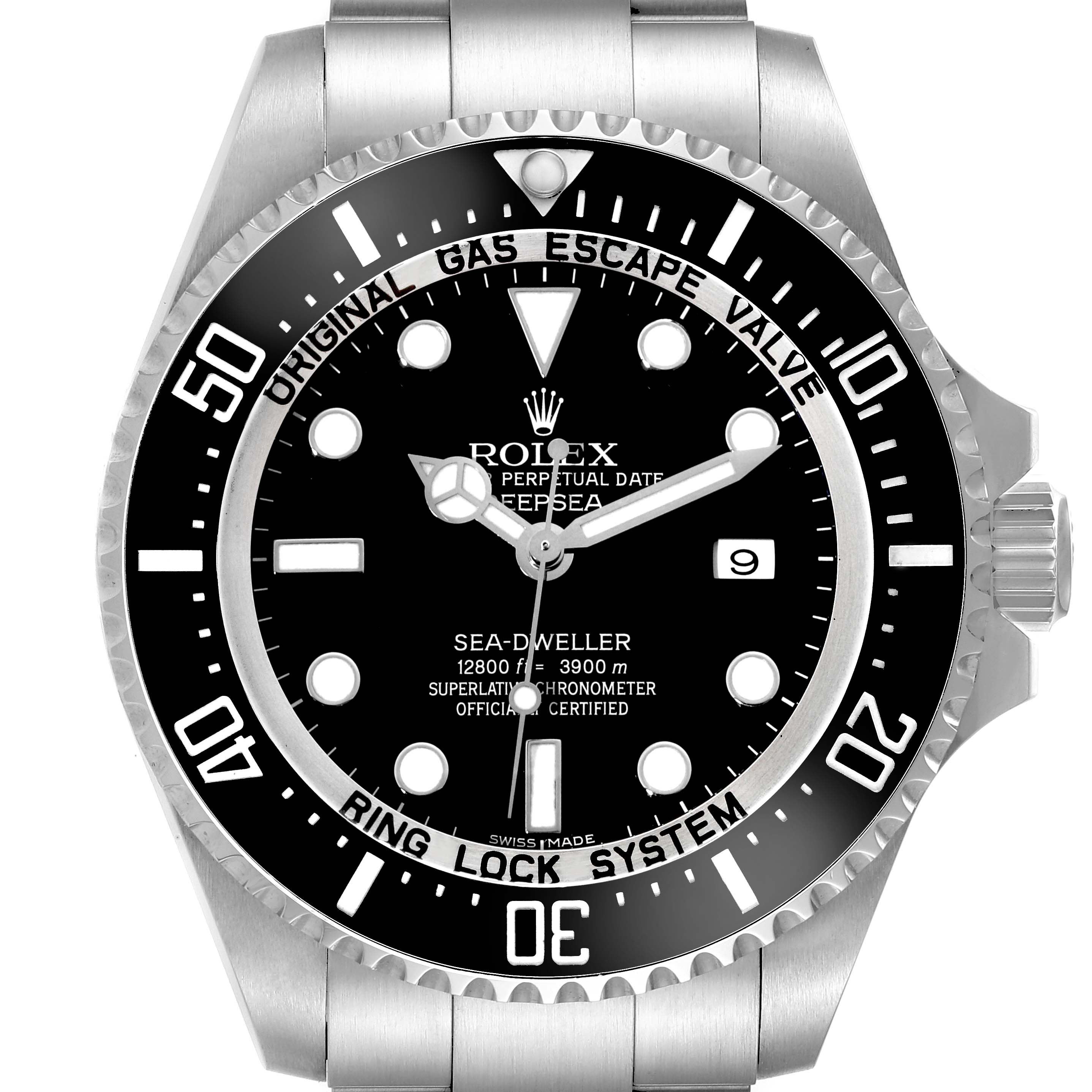 The image shows a front view of a Rolex Sea-Dweller 116660 Men
s Stainless Steel Black Dial 116660 Men
s Stainless Steel Black Dial watch, highlighting the dial, bezel, and part of the bracelet.