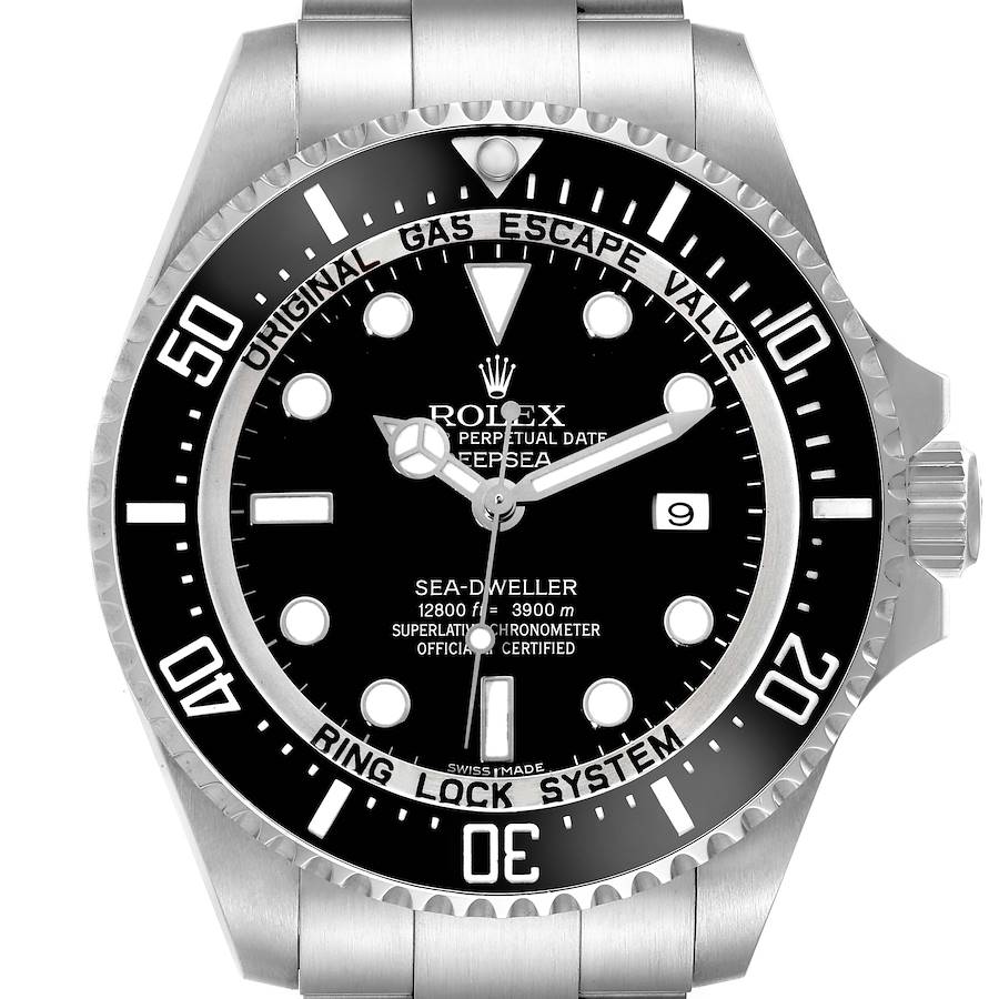 The image shows a front view of a Rolex Sea-Dweller watch, highlighting the dial, bezel, and part of the bracelet.