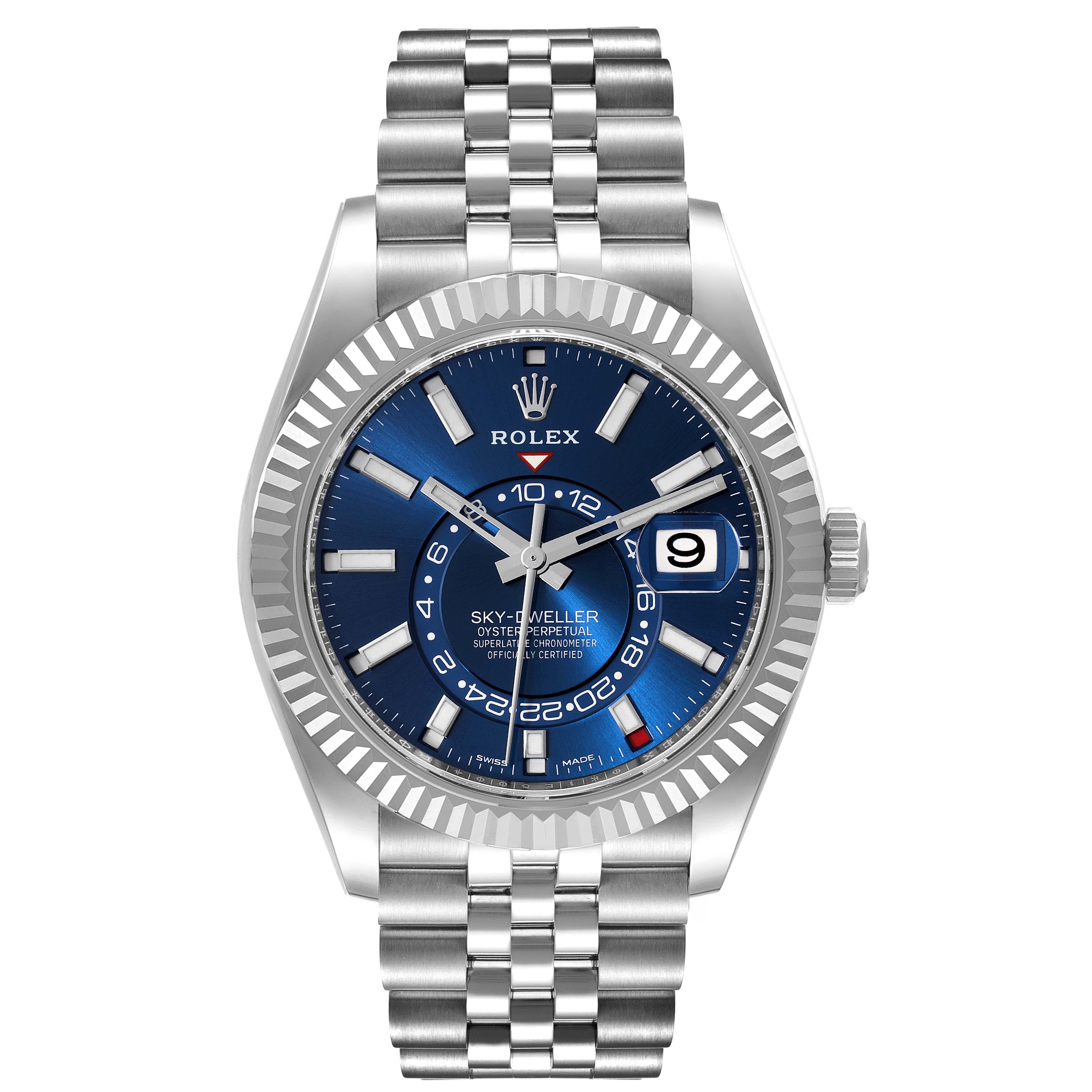 The Rolex Sky-Dweller 336934 Men's Stainless Steel Blue Dial watch is shown from the front, displaying its blue dial, bezel, bracelet, and date feature.