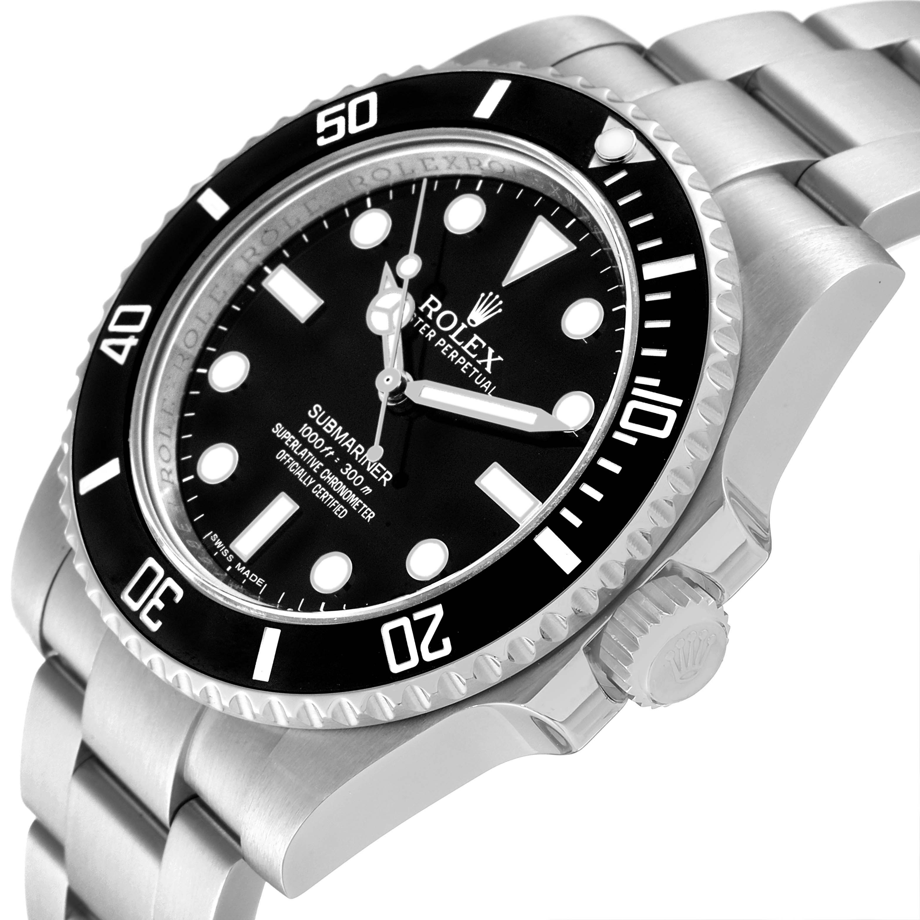 The Rolex Submariner 114060 Men's Stainless Steel Black Dial 114060 Men's Stainless Steel Black Dial watch is shown from a side angle, highlighting the face, bezel, crown, and part of the bracelet.
