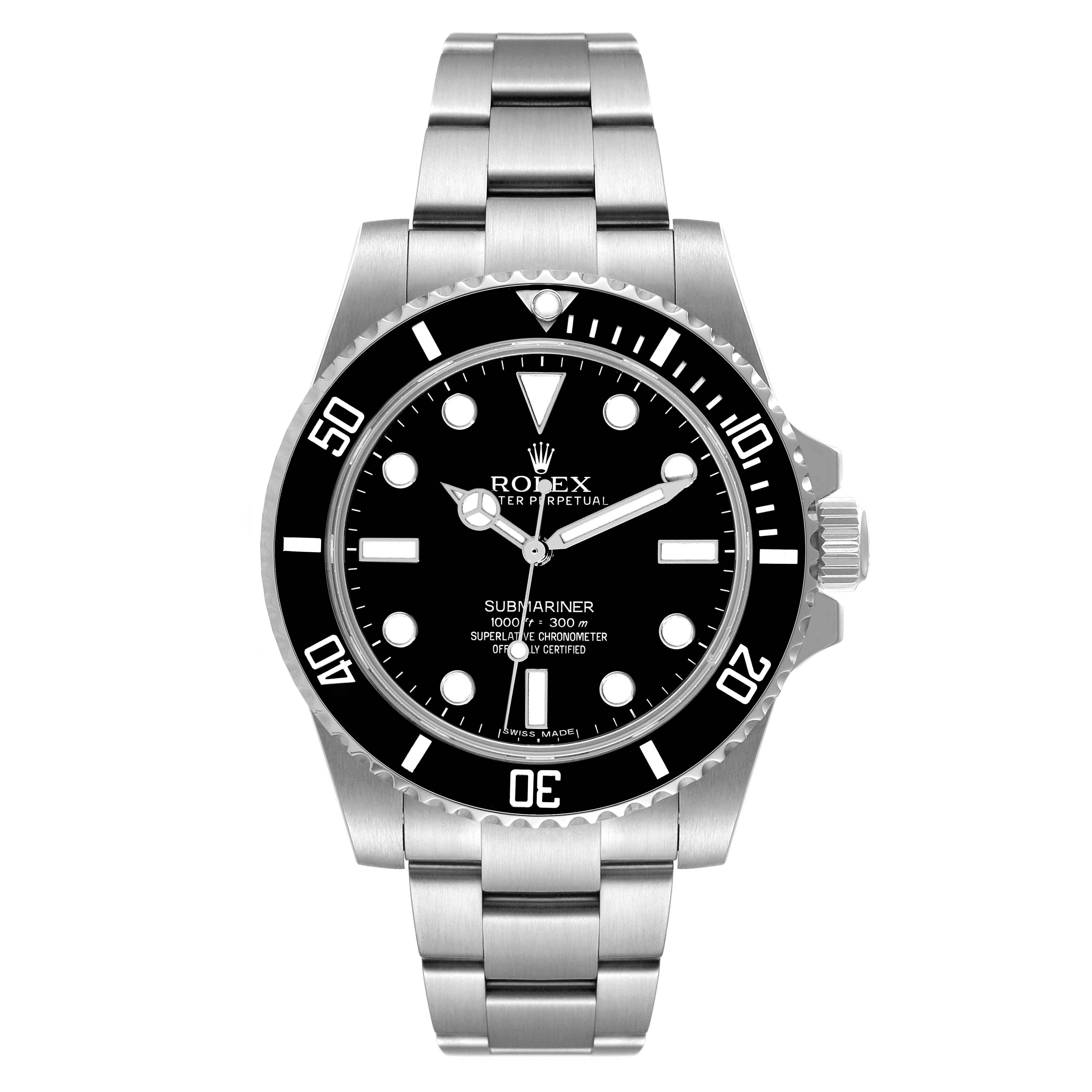 This Rolex Submariner 114060 Men's Stainless Steel Black Dial 114060 Men's Stainless Steel Black Dial watch is shown from a front angle, displaying its dial, bezel, case, and bracelet.
