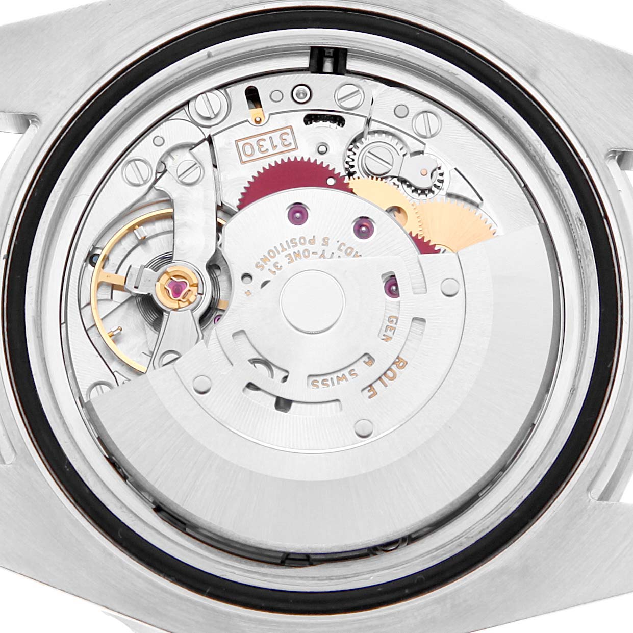This is an inside view of a Rolex Submariner 114060 Men's Stainless Steel Black Dial 114060 Men's Stainless Steel Black Dial watch showing its intricate mechanical movement components.