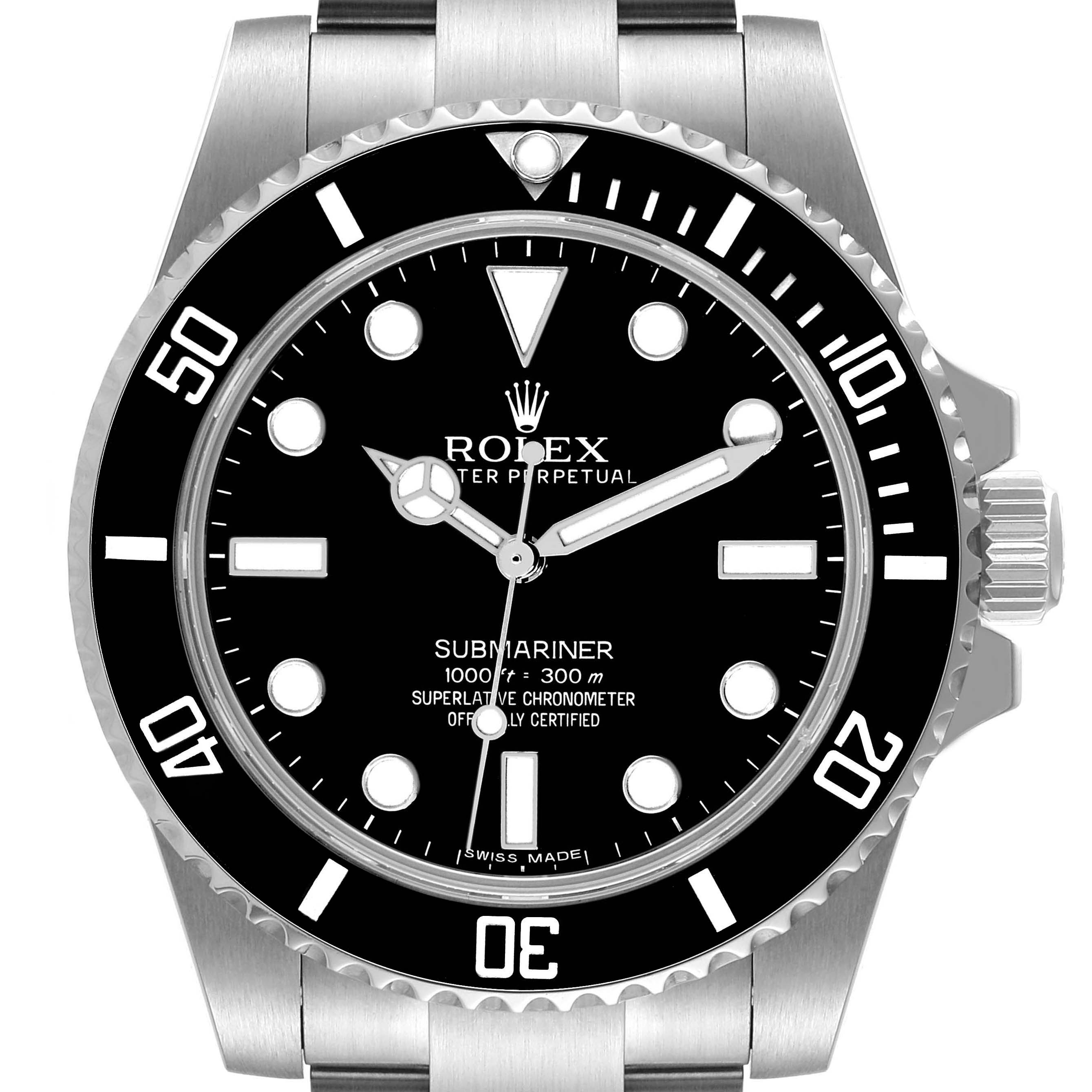 This image shows a front view of the black dial and bezel of a Rolex Submariner 114060 Men's Stainless Steel Black Dial 114060 Men's Stainless Steel Black Dial watch, highlighting its indices, hands, and crown.