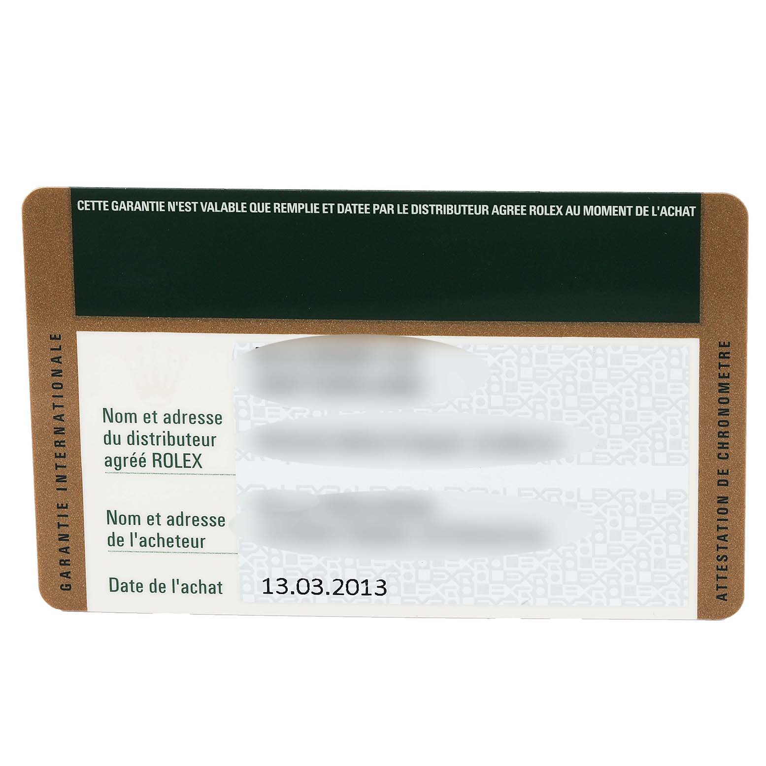 This image shows the international warranty card for a Rolex Submariner 114060 Men's Stainless Steel Black Dial 114060 Men's Stainless Steel Black Dial watch.