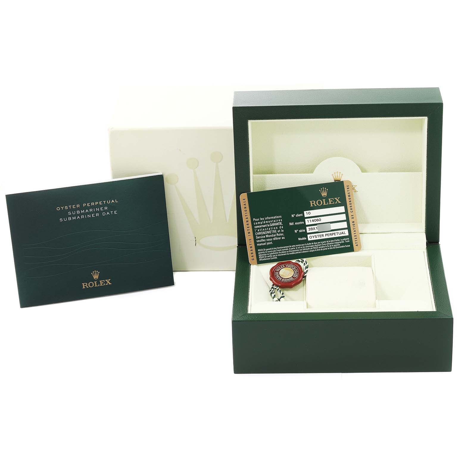 The image shows a Rolex Submariner 114060 Men's Stainless Steel Black Dial 114060 Men's Stainless Steel Black Dial watch box, warranty card, and booklet from a slightly elevated front angle.