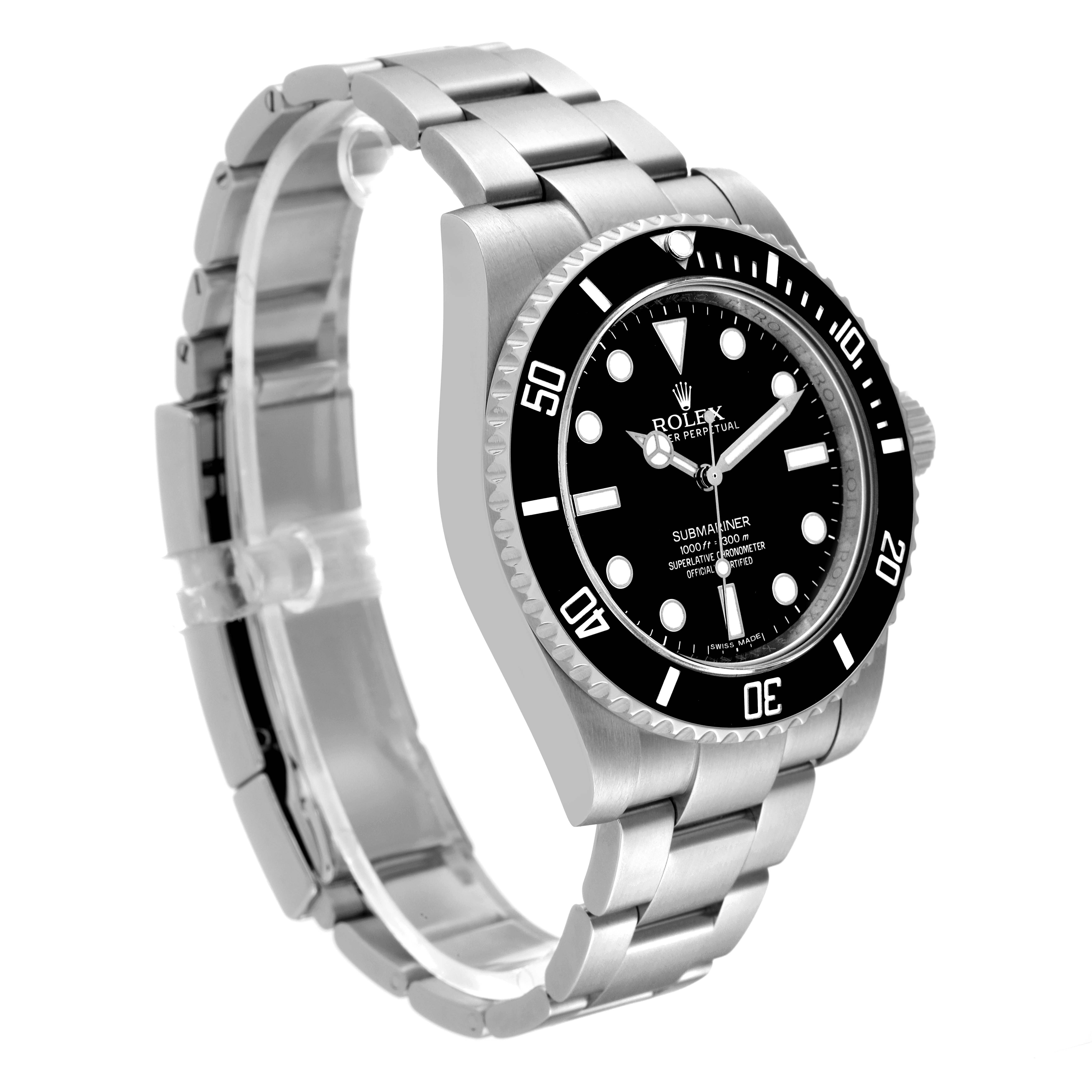 The image shows a Rolex Submariner 114060 Men's Stainless Steel Black Dial 114060 Men's Stainless Steel Black Dial watch from a front right angle, displaying its face, bezel, and bracelet.