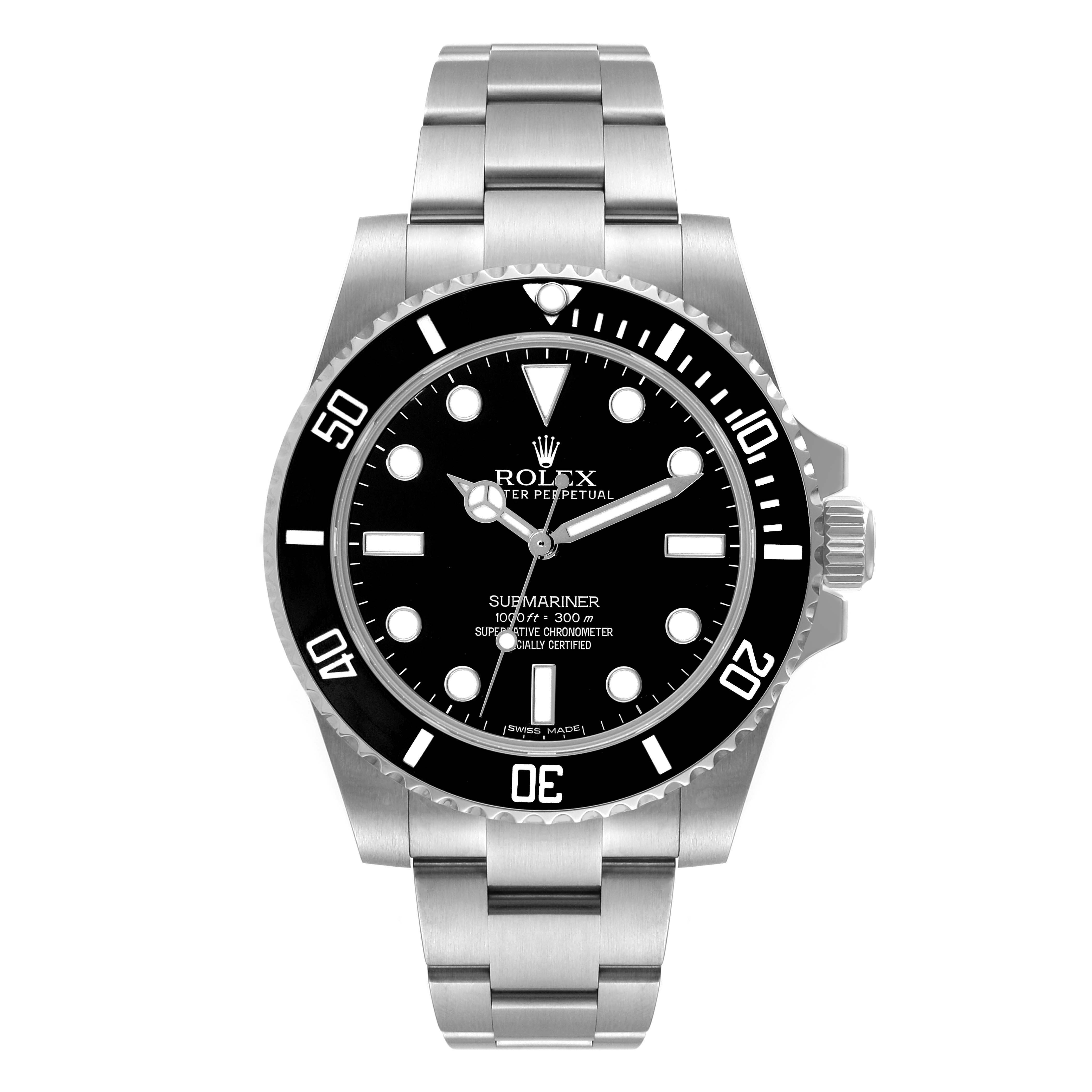 The image shows a Rolex Submariner 114060 Men's Stainless Steel Black Dial 114060 Men's Stainless Steel Black Dial watch from a front angle, displaying its face, bezel, crown, and bracelet.
