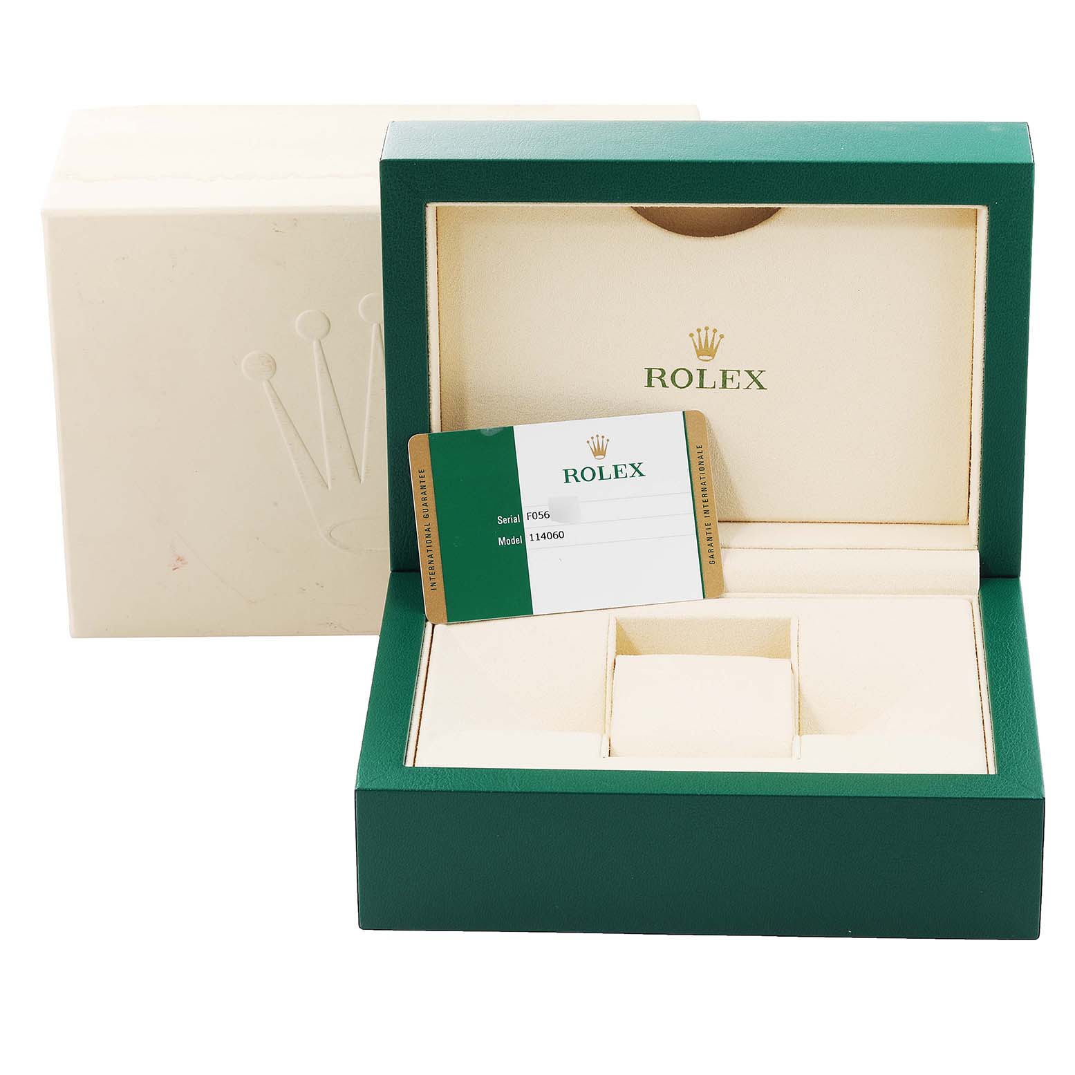 The image shows the packaging and authenticity card for a Rolex Submariner 114060 Men's Stainless Steel Black Dial 114060 Men's Stainless Steel Black Dial watch.