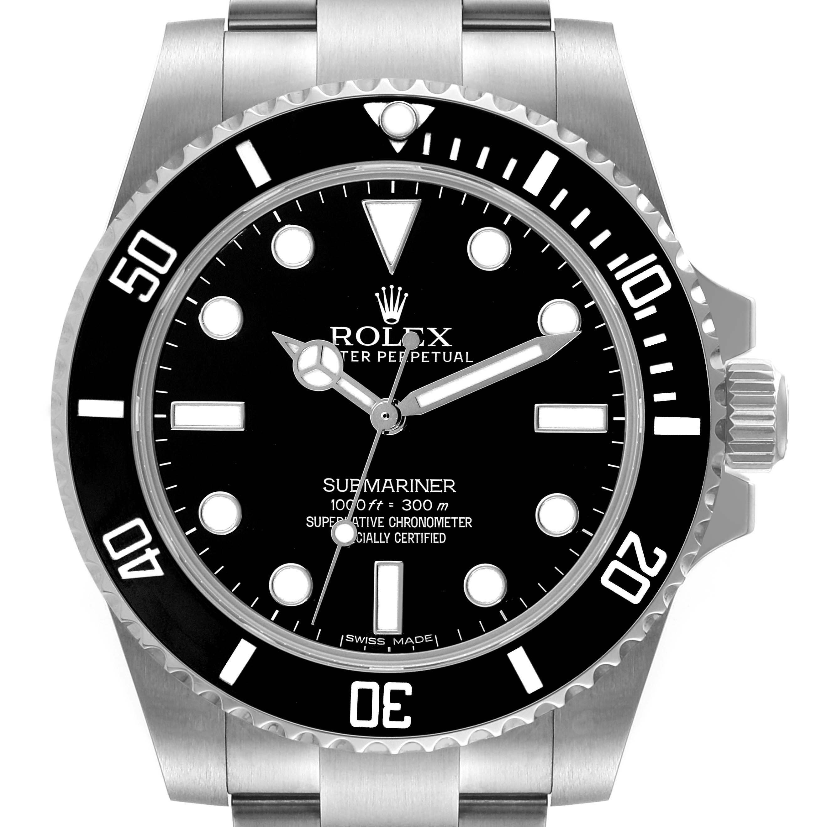 This image shows a front view of a Rolex Submariner 114060 Men's Stainless Steel Black Dial 114060 Men's Stainless Steel Black Dial watch, displaying the dial, bezel, and part of the bracelet.