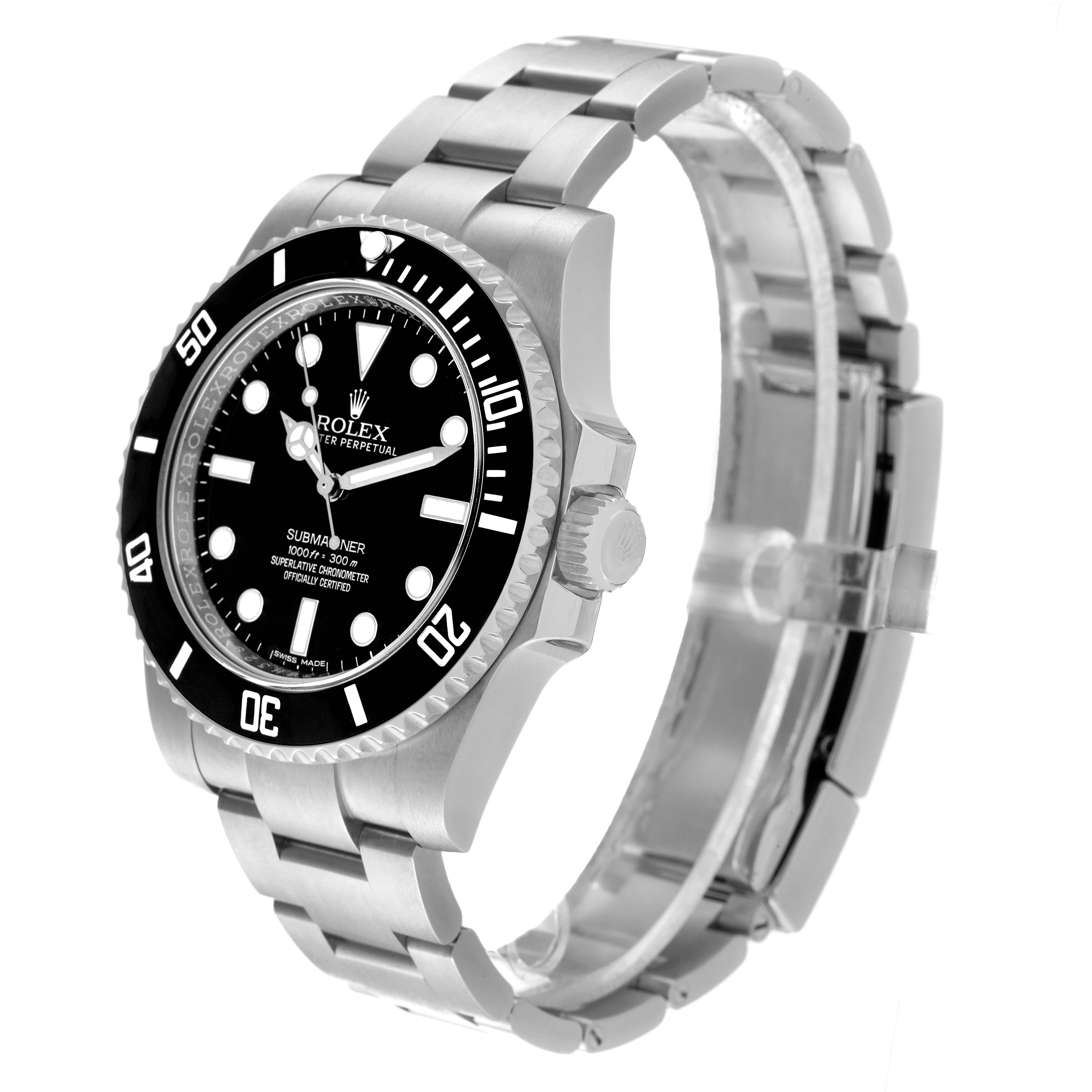The image shows a side and front view of a Rolex Submariner 114060 Men's Stainless Steel Black Dial 114060 Men's Stainless Steel Black Dial watch, highlighting the dial, bezel, and bracelet.