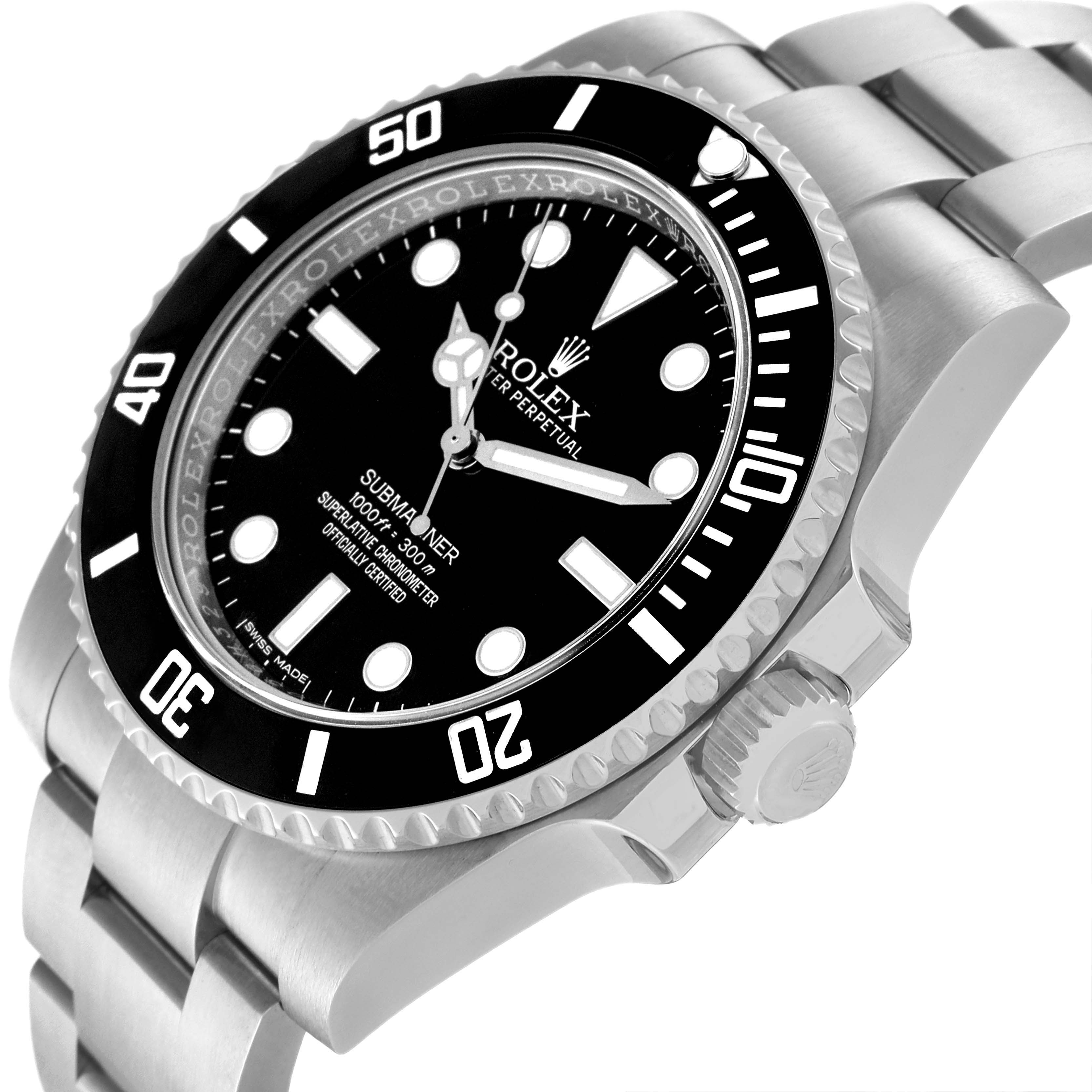 The image shows a side-angle view of the Rolex Submariner 114060 Men's Stainless Steel Black Dial 114060 Men's Stainless Steel Black Dial watch, highlighting the dial, bezel, crown, and stainless steel bracelet.