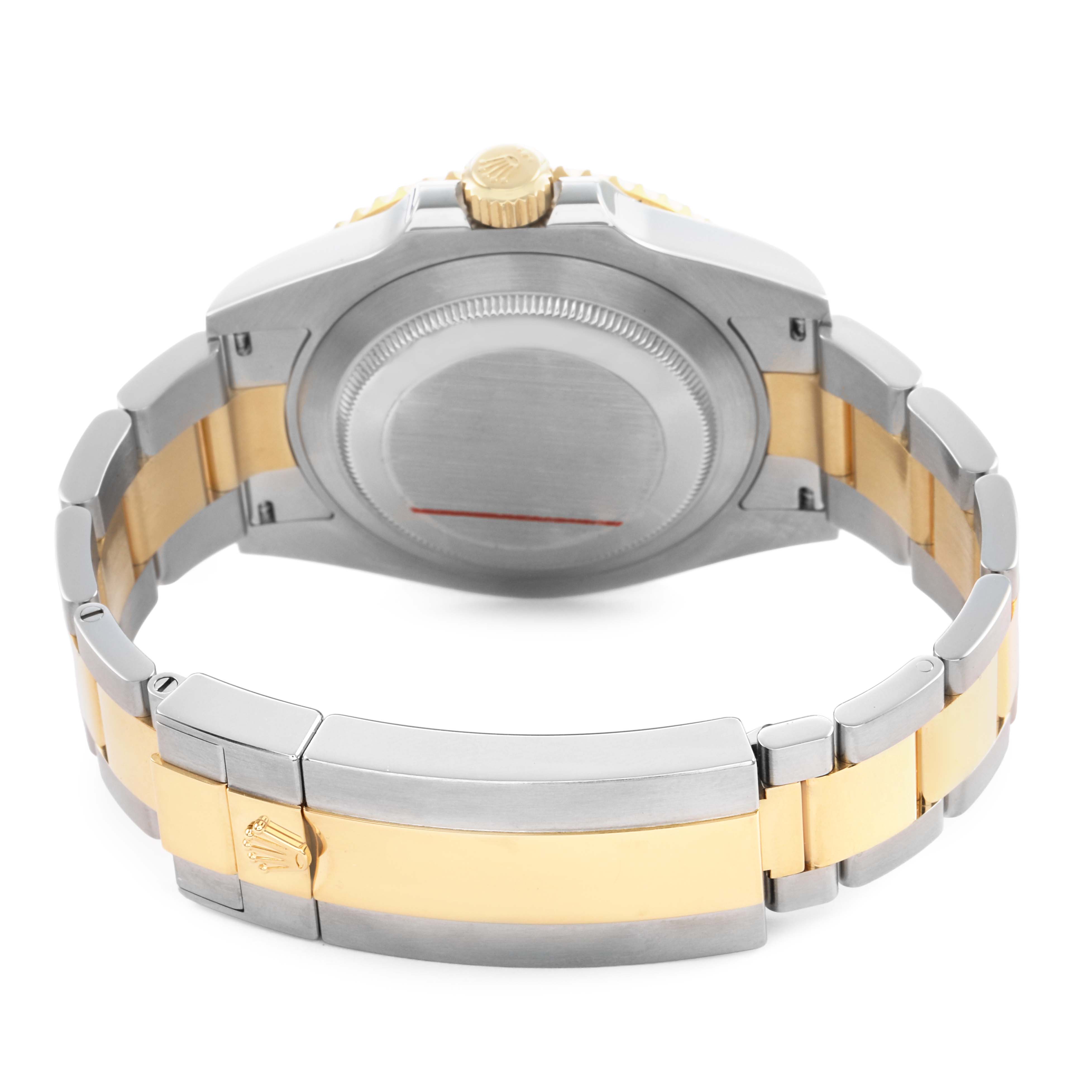 The image shows the back of a Rolex Submariner 126613LB Men's Steel and Gold (two tone) Blue Dial, highlighting the clasp and bracelet in gold and silver tones.