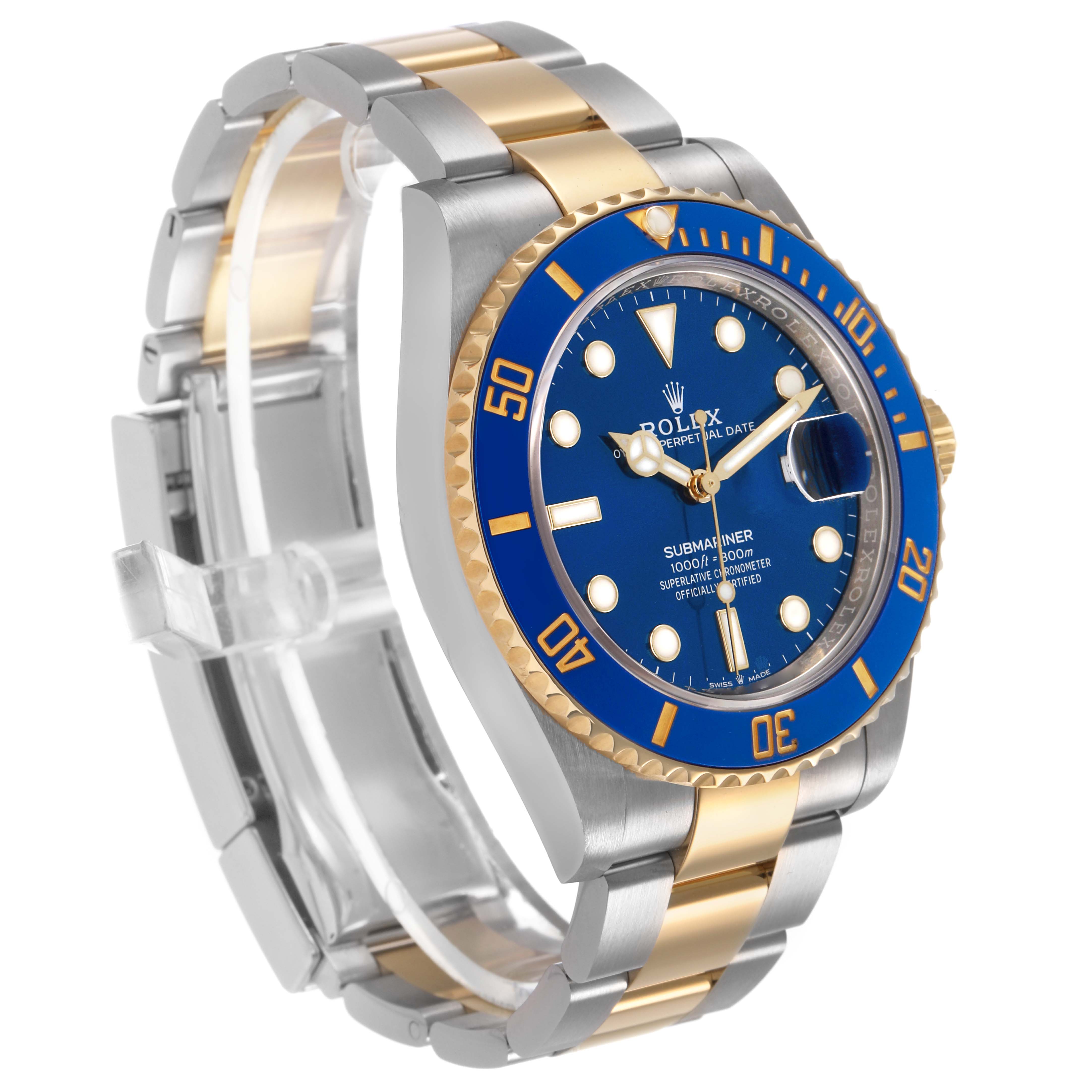 The Rolex Submariner 126613LB Men's Steel and Gold (two tone) Blue Dial watch is shown at a 3/4 angle, highlighting the blue dial, bezel, and part of the two-tone bracelet.