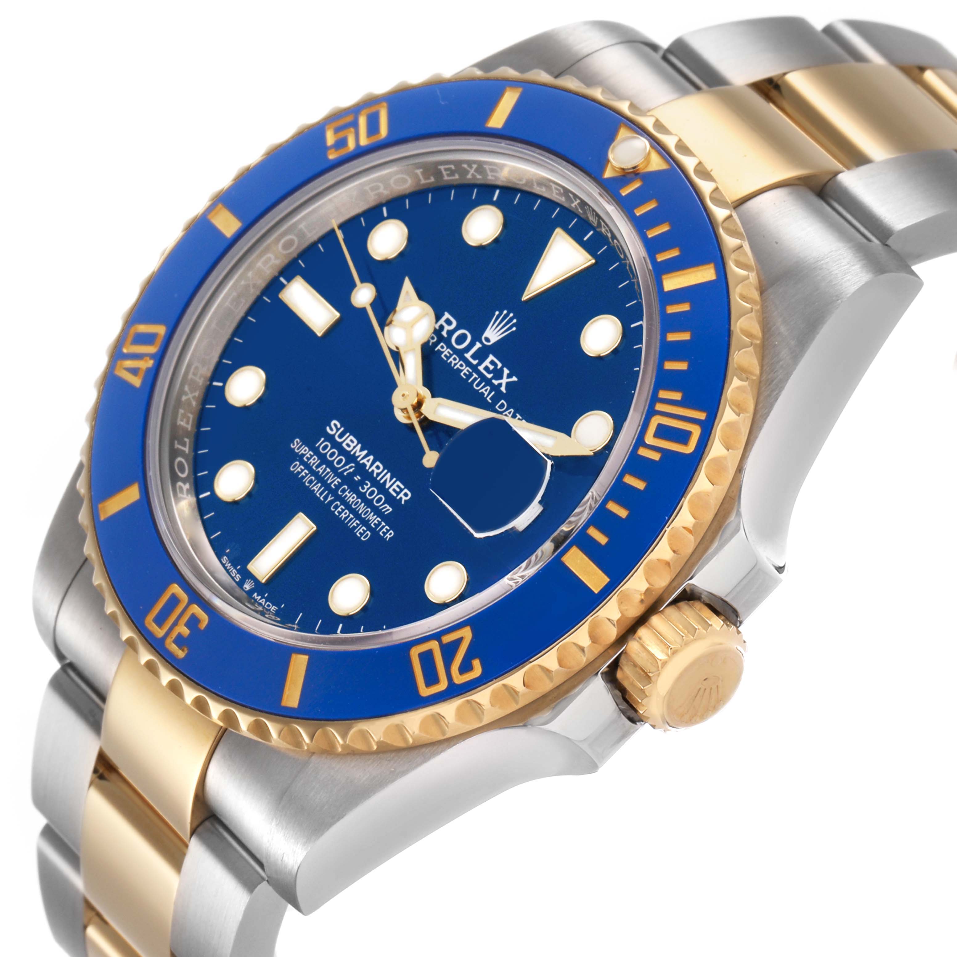 The Rolex Submariner 126613LB Men's Steel and Gold (two tone) Blue Dial watch is shown at a side angle, highlighting the bezel, dial, crown, and part of the bracelet.