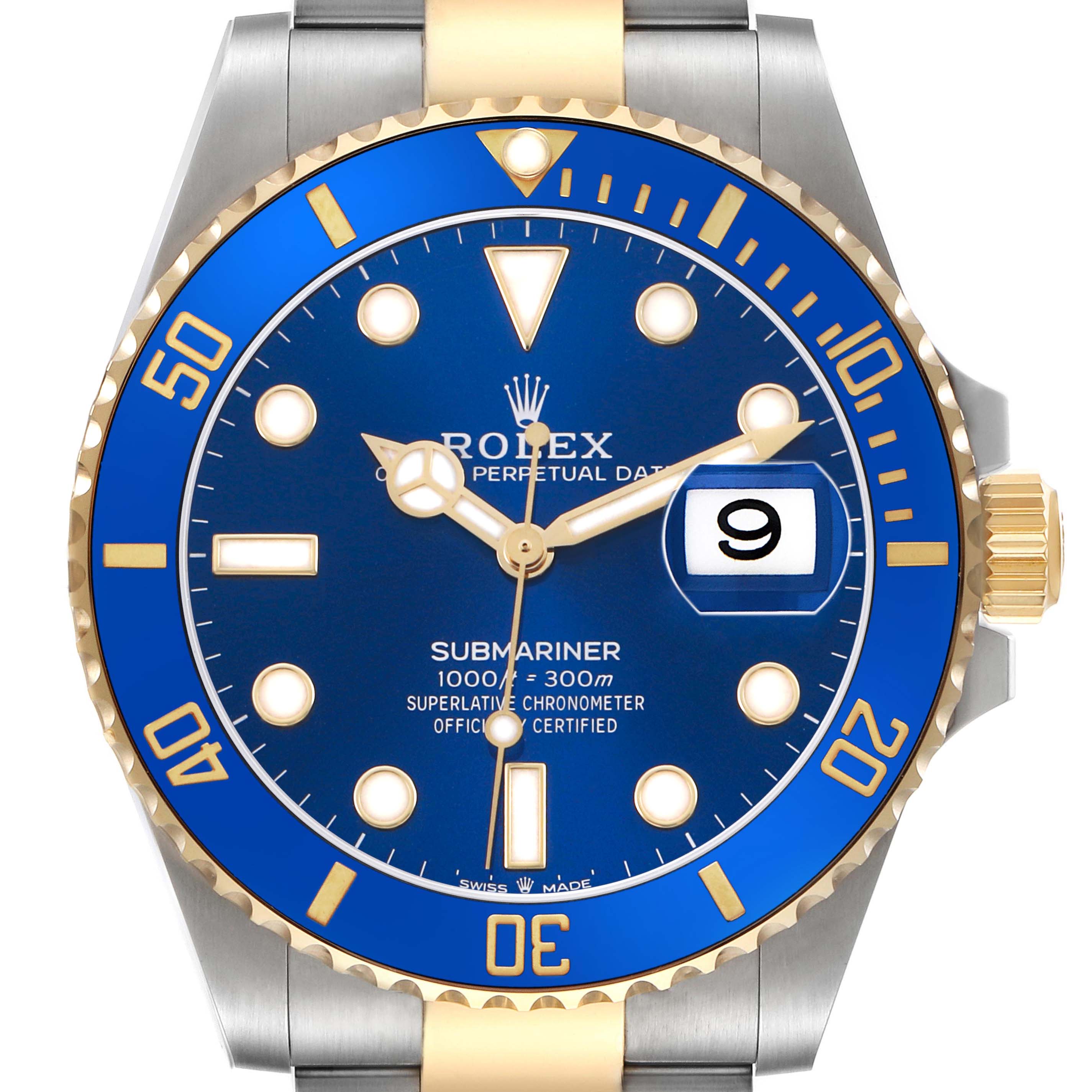 The Rolex Submariner 126613LB Men's Steel and Gold (two tone) Blue Dial is shown from a front angle, displaying its blue dial, gold bezel, and date magnification.