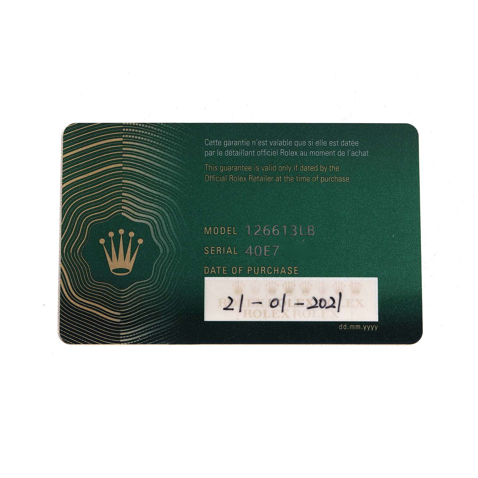This image shows a warranty card for the Rolex Submariner 126613LB Men's Steel and Gold (two tone) Blue Dial model 126613LB, detailing model and serial numbers.