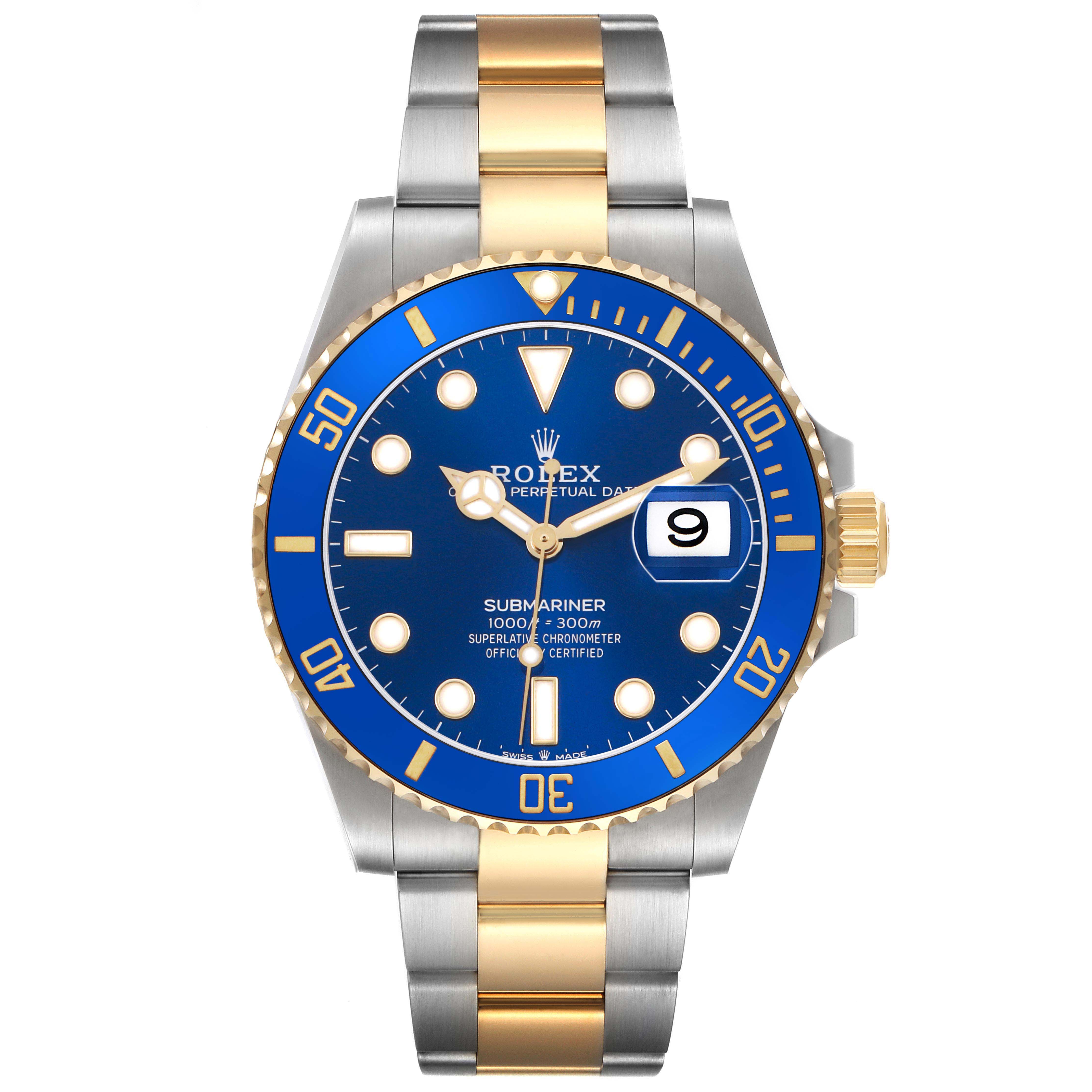 The Rolex Submariner 126613LB Men's Steel and Gold (two tone) Blue Dial watch is shown from the front, displaying the blue dial, gold accents, bezel, and two-tone bracelet.