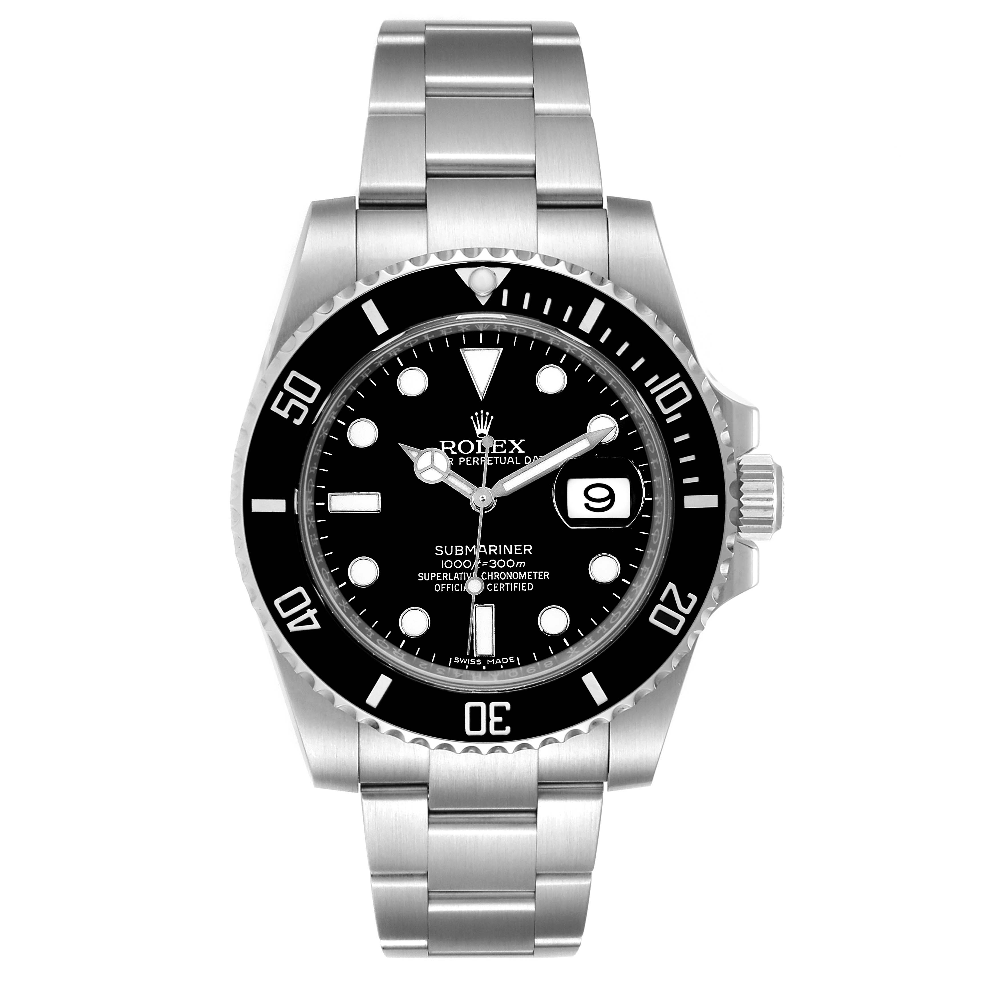 The image shows a front view of a Rolex Submariner 116610LN Men
s Stainless Steel Black Dial 116610LN Men
s Stainless Steel Black Dial watch, highlighting its dial, bezel, bracelet, and crown.