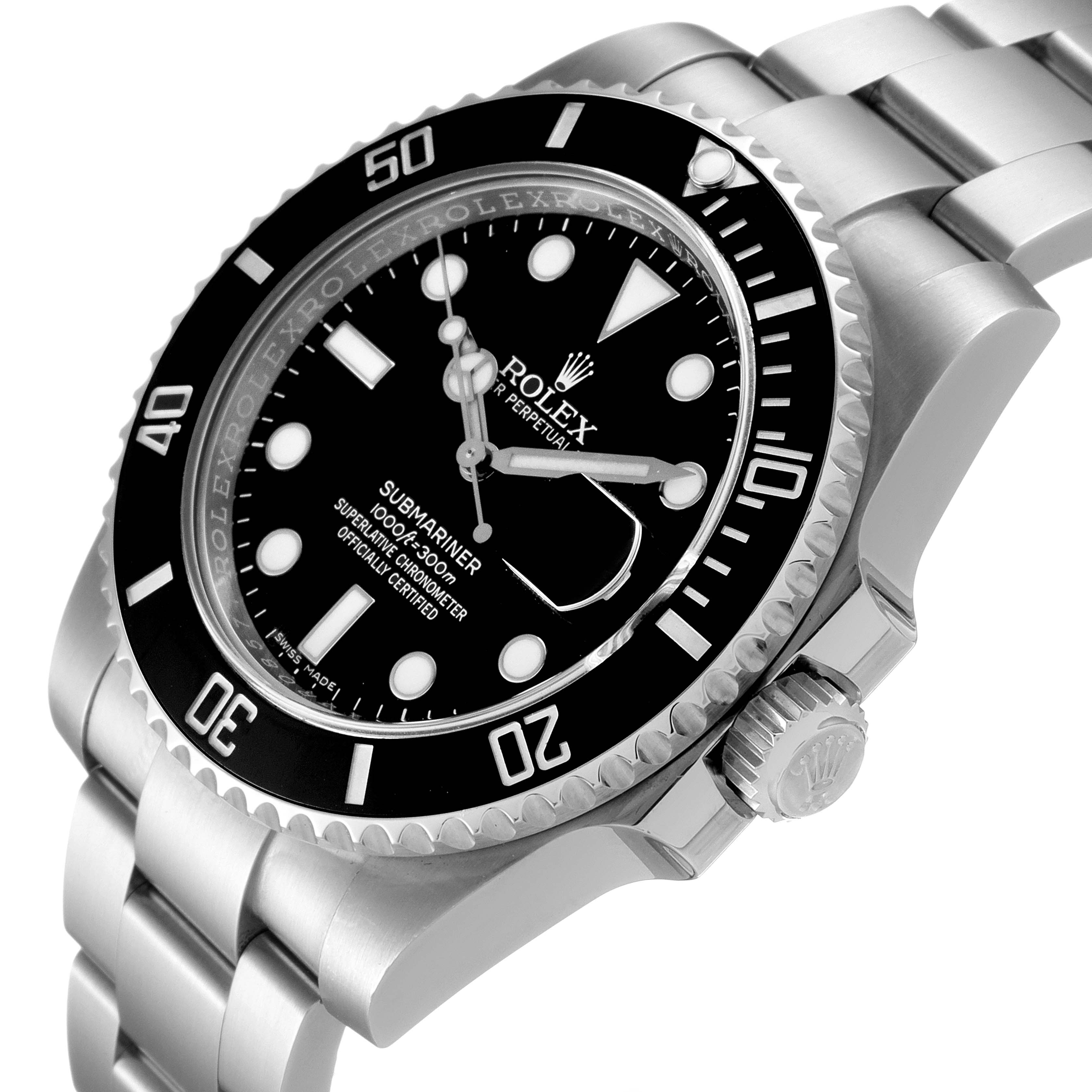 The image shows a side angle of the Rolex Submariner 116610LN Men
s Stainless Steel Black Dial 116610LN Men
s Stainless Steel Black Dial watch, highlighting its dial, bezel, crown, and part of the bracelet.