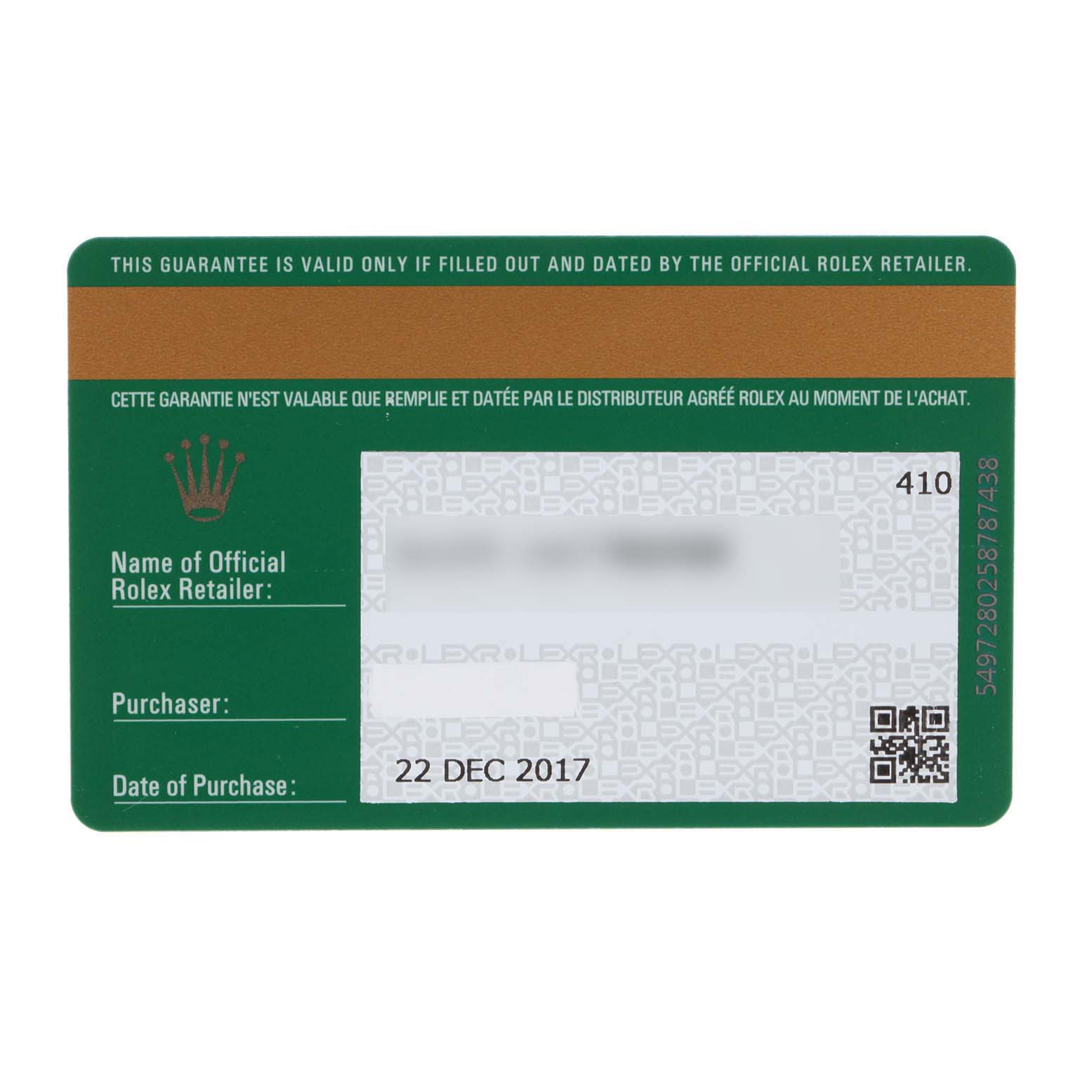 This image shows a warranty card for the Rolex Submariner 116610LN Men
s Stainless Steel Black Dial 116610LN Men
s Stainless Steel Black Dial, detailing the purchase and retailer information.