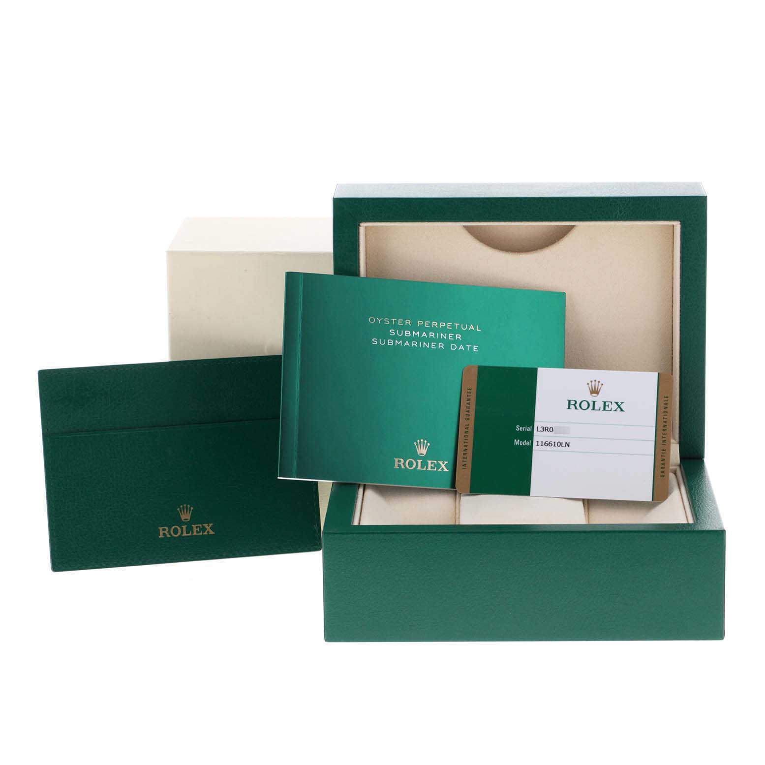 The image shows the packaging, manual, and warranty card for a Rolex Submariner 116610LN Men
s Stainless Steel Black Dial 116610LN Men
s Stainless Steel Black Dial watch.