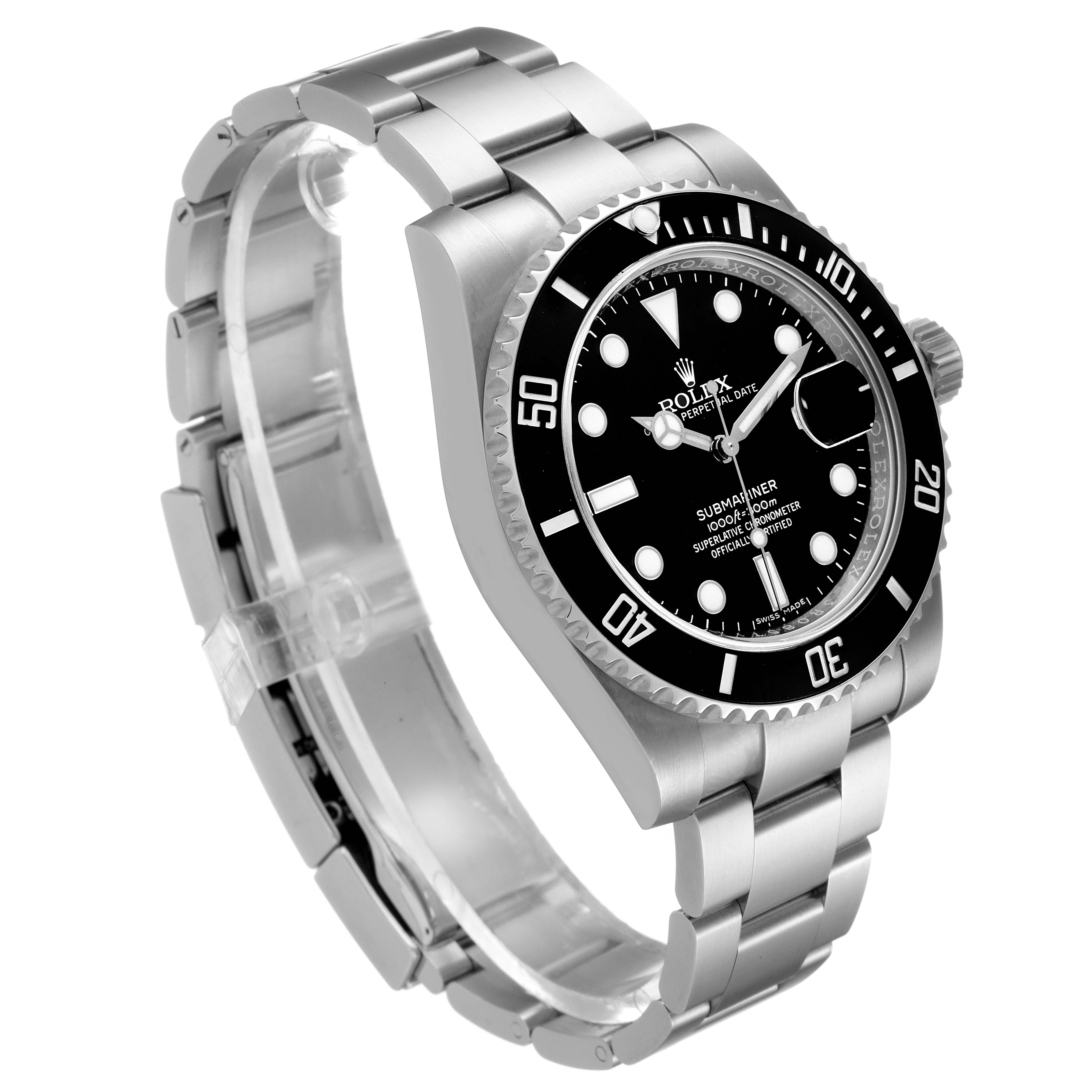 The image shows a side angle view of the Rolex Submariner 116610LN Men
s Stainless Steel Black Dial 116610LN Men
s Stainless Steel Black Dial, displaying the dial, bezel, case, and part of the bracelet.