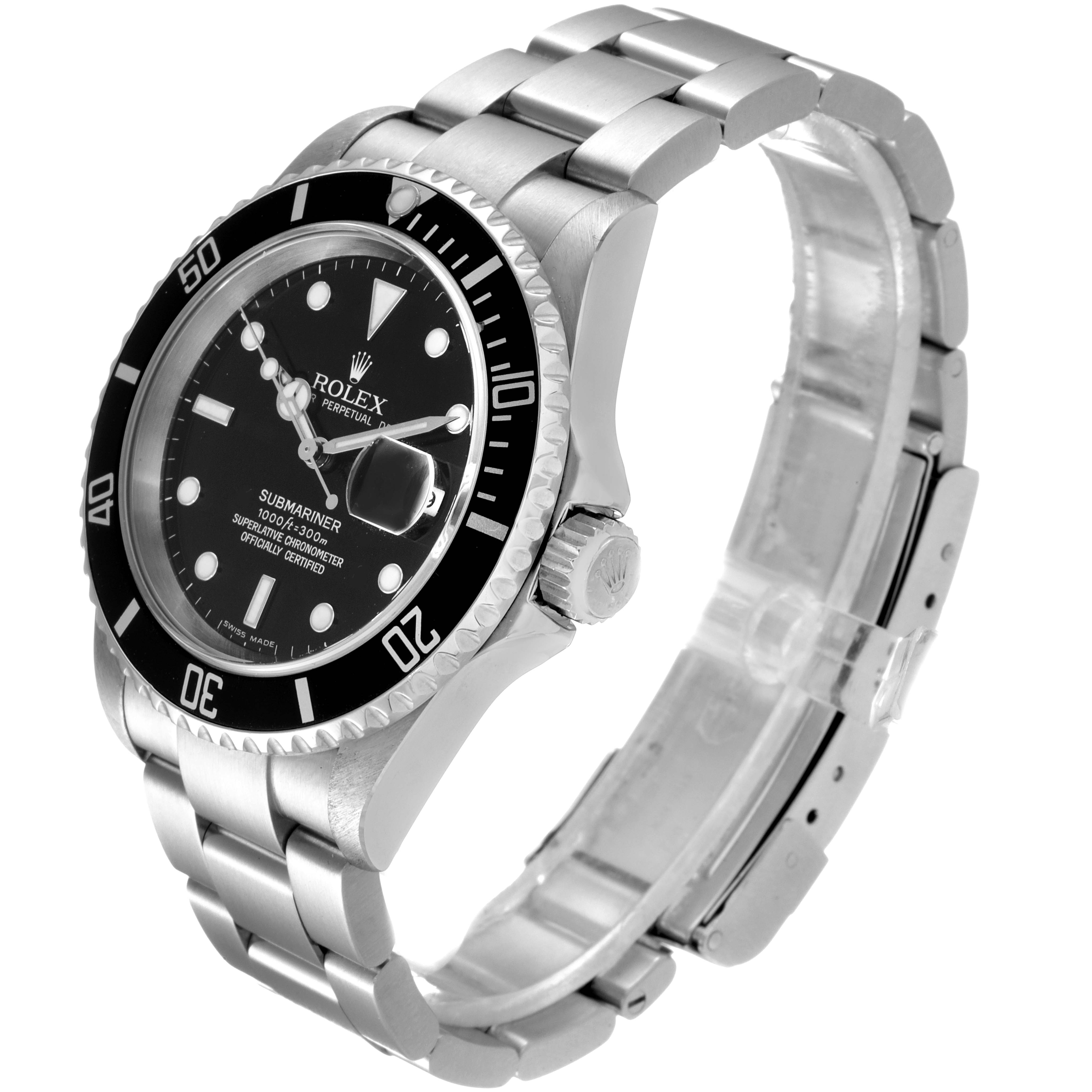 The Rolex Submariner 16610 Men
s Stainless Steel Black Dial 16610 Men
s Stainless Steel Black Dial watch is shown at a three-quarter angle, displaying the face, bezel, crown, and bracelet.