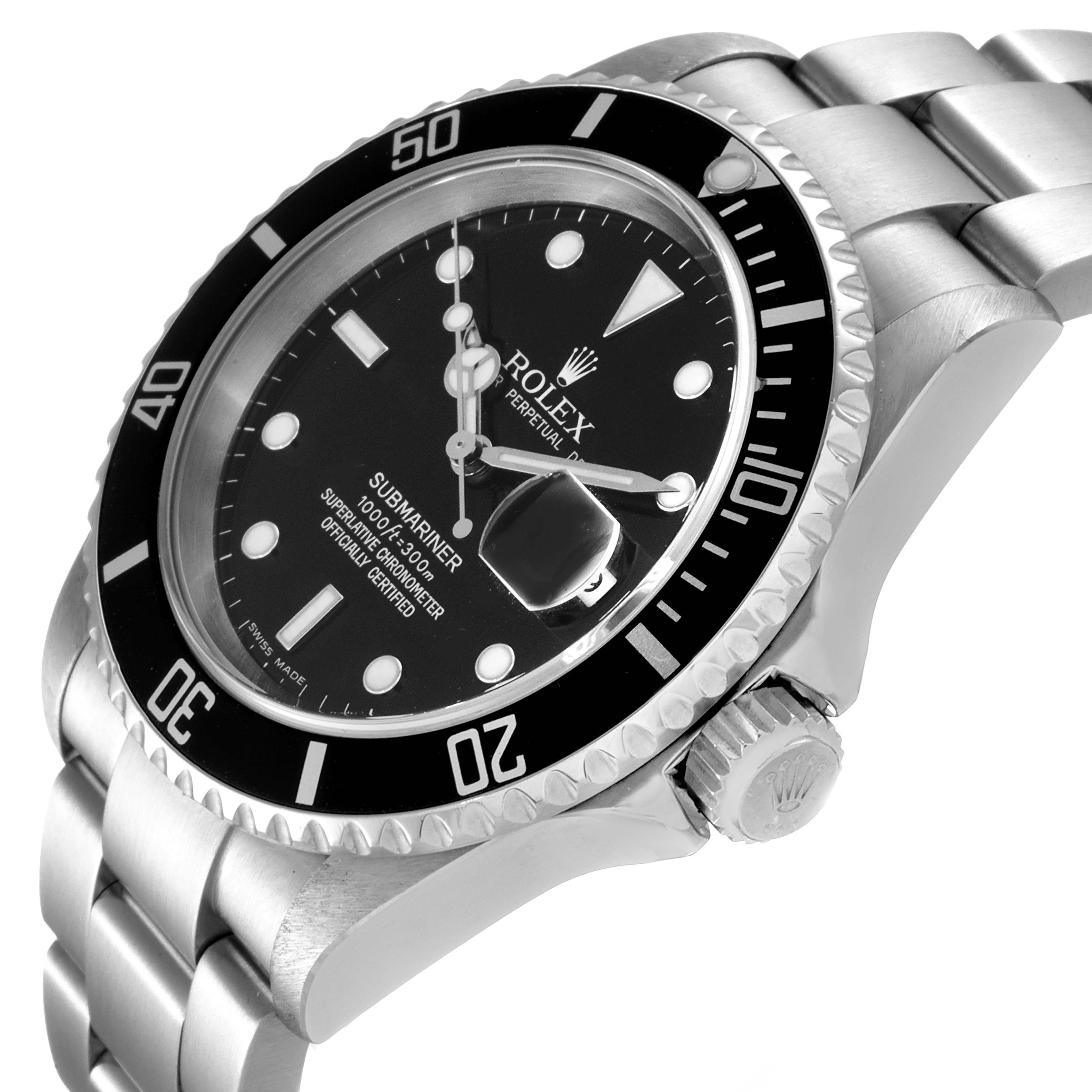 The image shows a close-up angle of the Rolex Submariner 16610 Men
s Stainless Steel Black Dial 16610 Men
s Stainless Steel Black Dial watch, highlighting its black dial, bezel, and stainless steel bracelet.